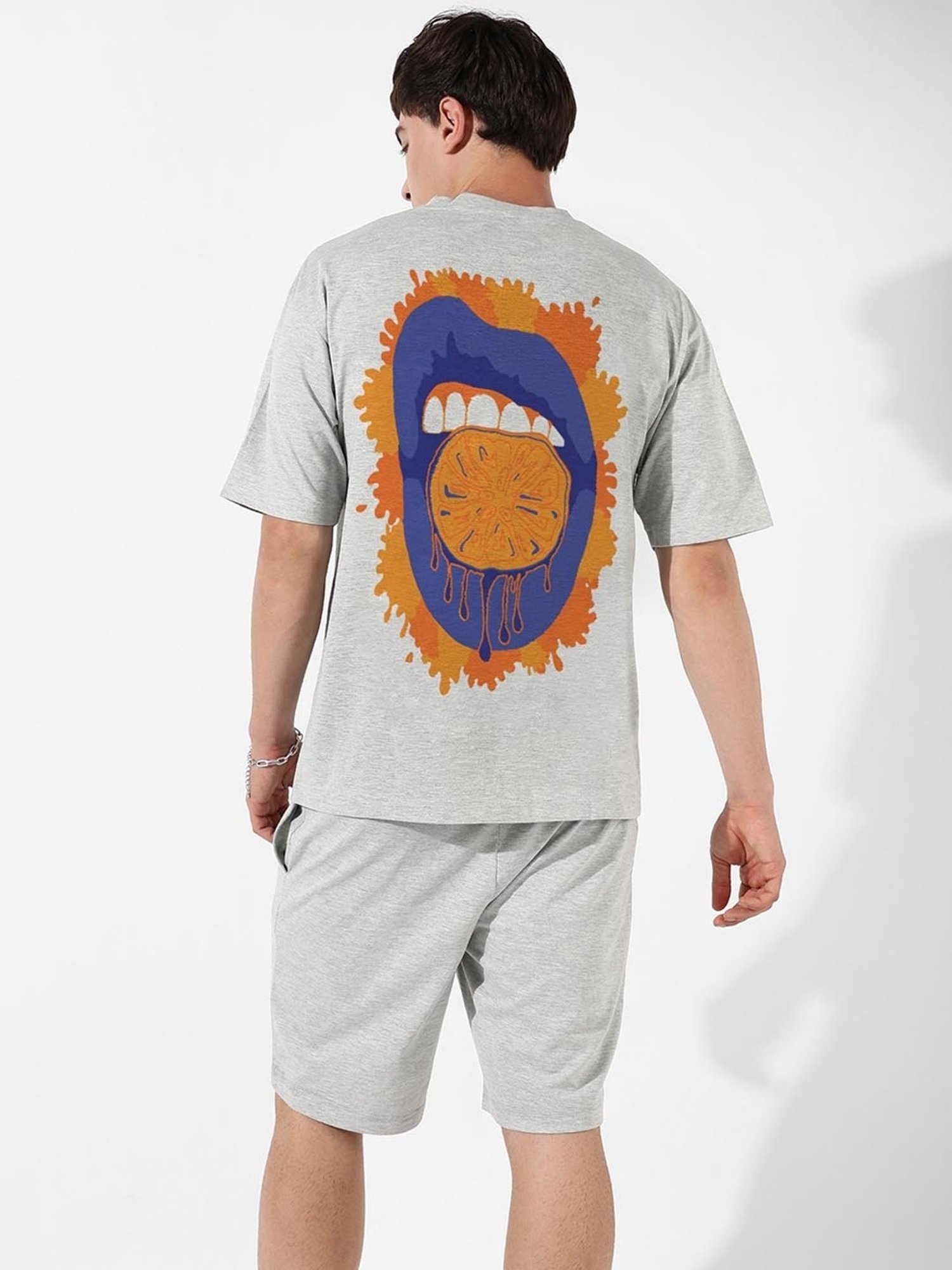 Campus Sutra Grey Regular Fit Oversized Orange Mouth Printed Co-Ord Set