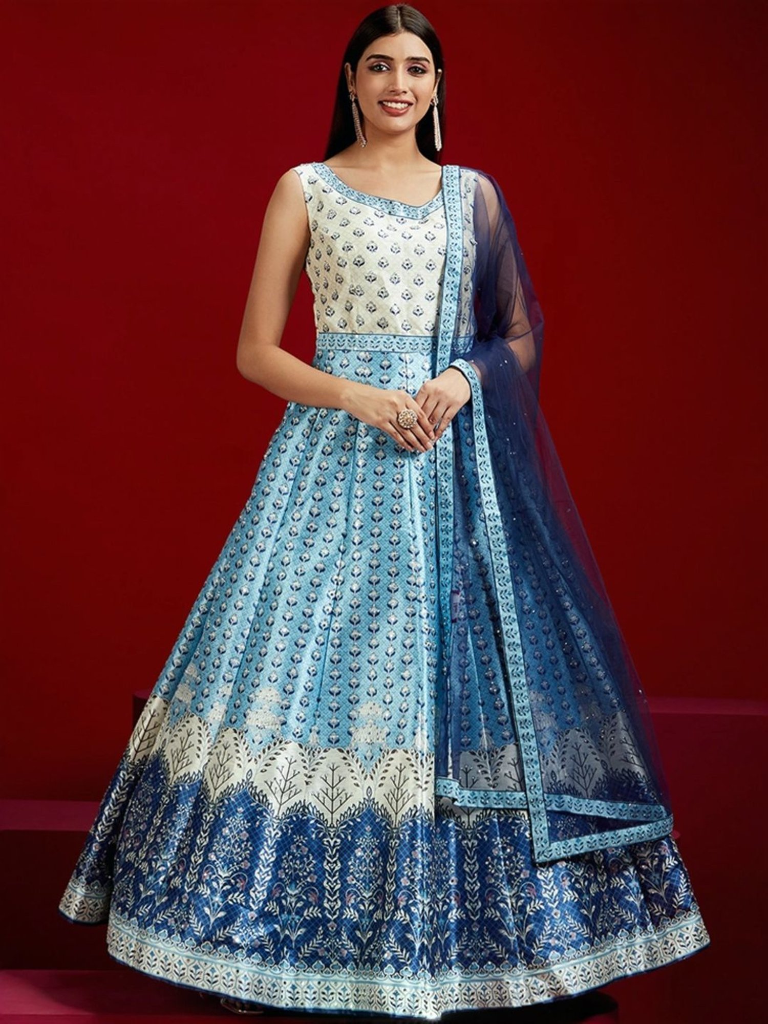 Libas Art Blue & White Printed Maxi Dress With Dupatta