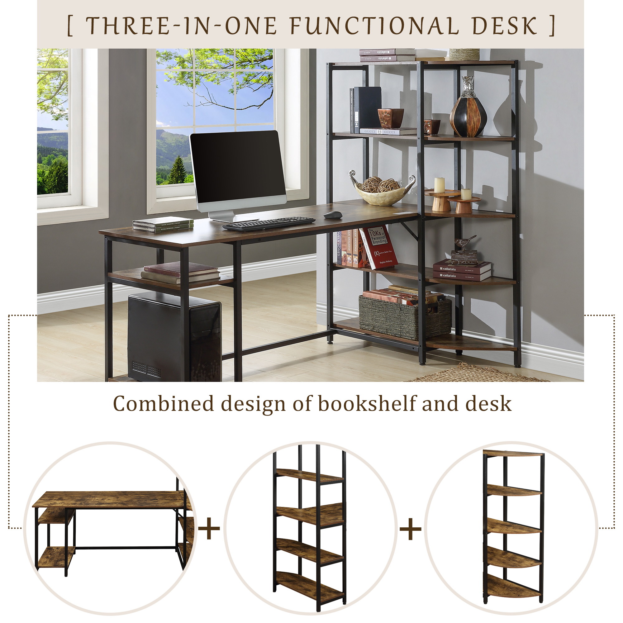 Home Office Computer Desk Large Office Desk Study Writing Table Workstation Gaming Desk with 5 Tier Storage Shelves,Corner Bookshelf and Tower Shelf ,Brown