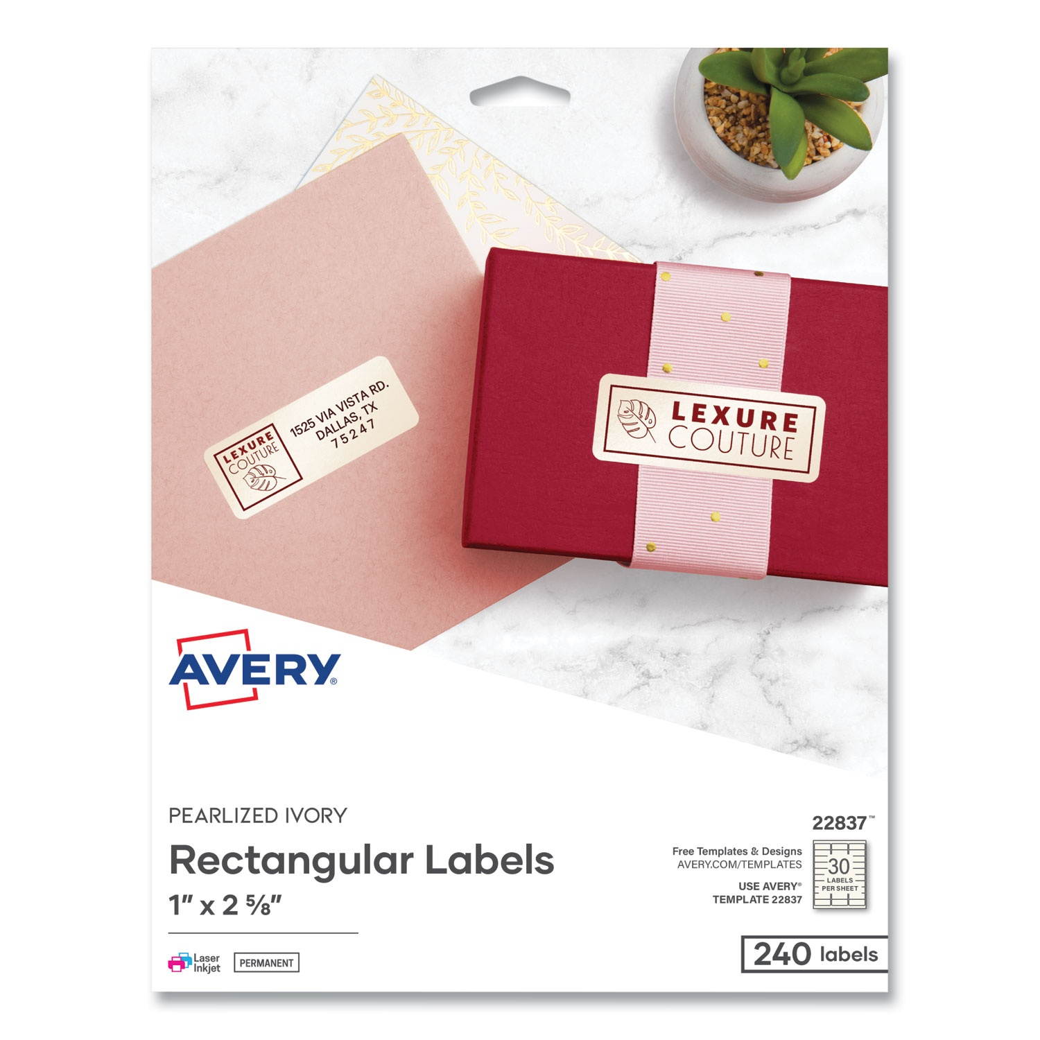 Avery Address Labels, Permanent Adhesive,  Pearlized, Ivory, 1" x 2-5/8", 240 Labels (22837)