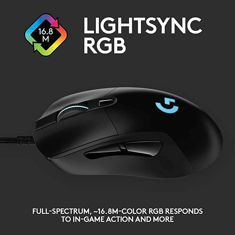 403 Hero 16K Gaming Mouse Lightsync RGB Lightweight 87G+10G Optional Braided Cable 16 000 DPI Rubber Side Grips
