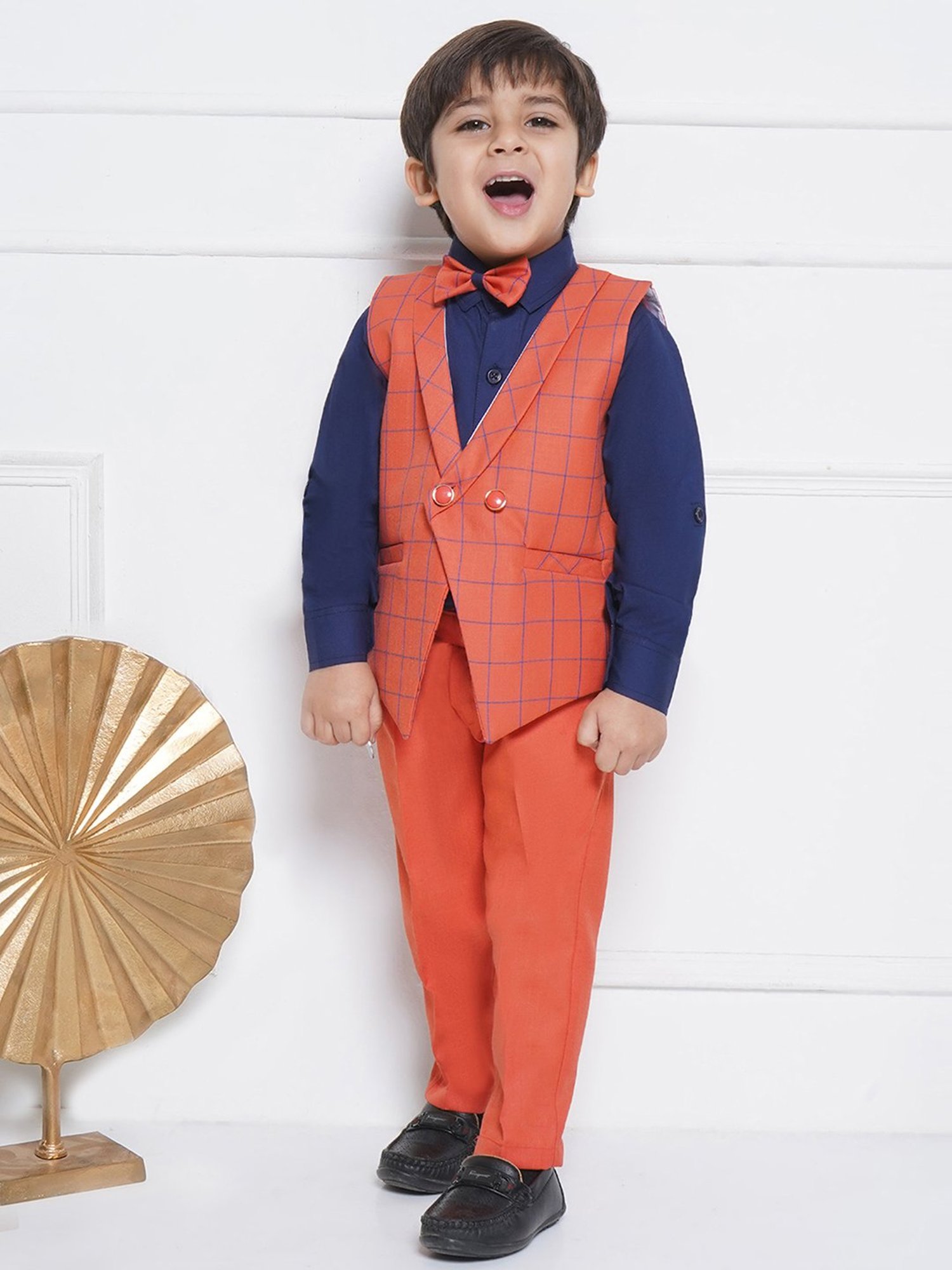 AJ Dezines Kids Red & Navy Checks Full Sleeves Shirt, Pants, Waistcoat with Bow Tie