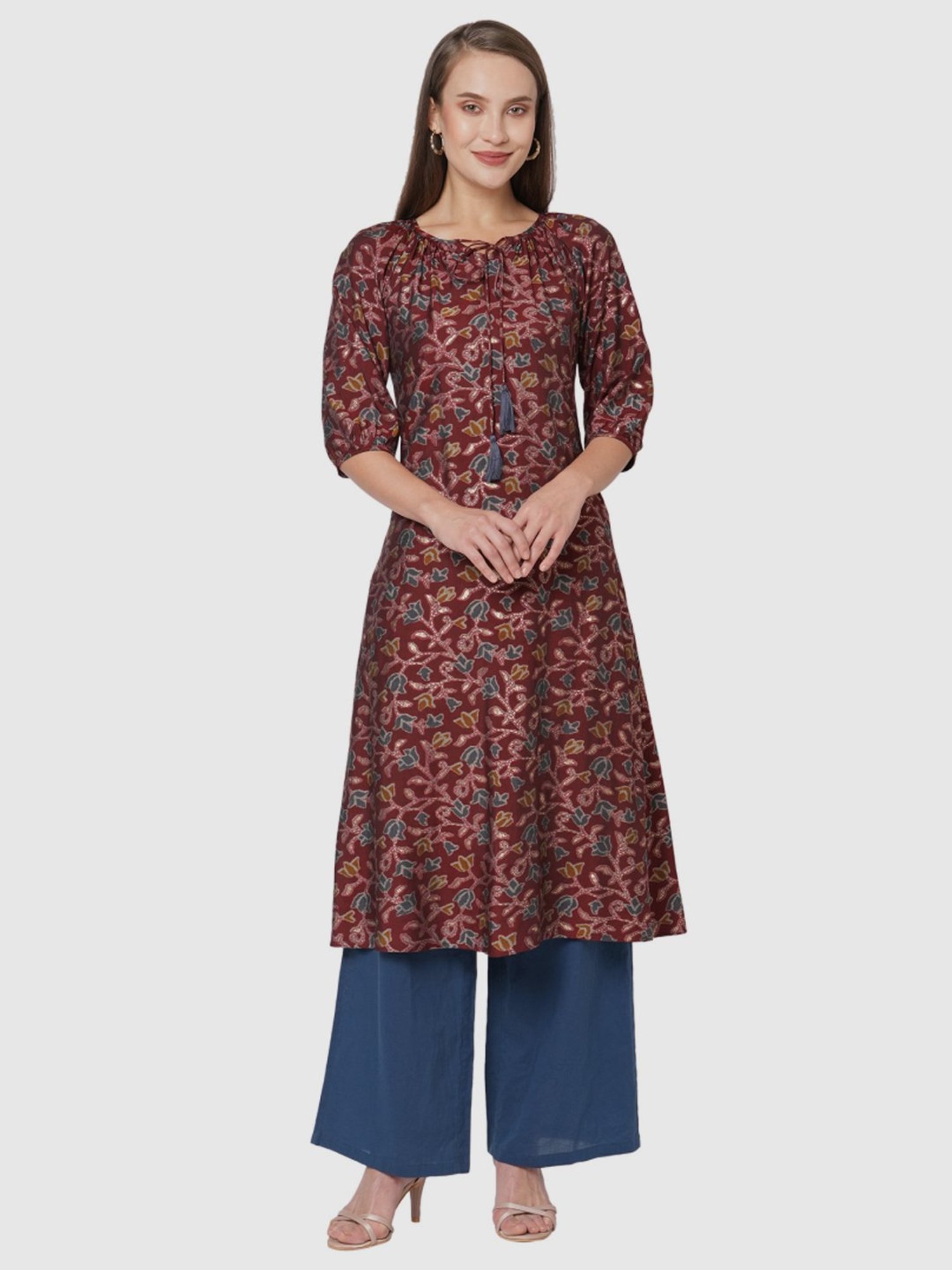 Fusion Beats Maroon Printed A Line Kurta