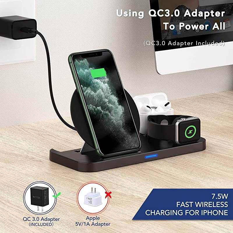 3 in 1 Wireless Charging Station for Apple Products Compatible with Apple Watch Series Se 6 5 4 3 2, AirPods Pro 2, Fast Wireless Charger Stand Dock for iPhone 12, 11 Pro Max, 11, XR, XS, X