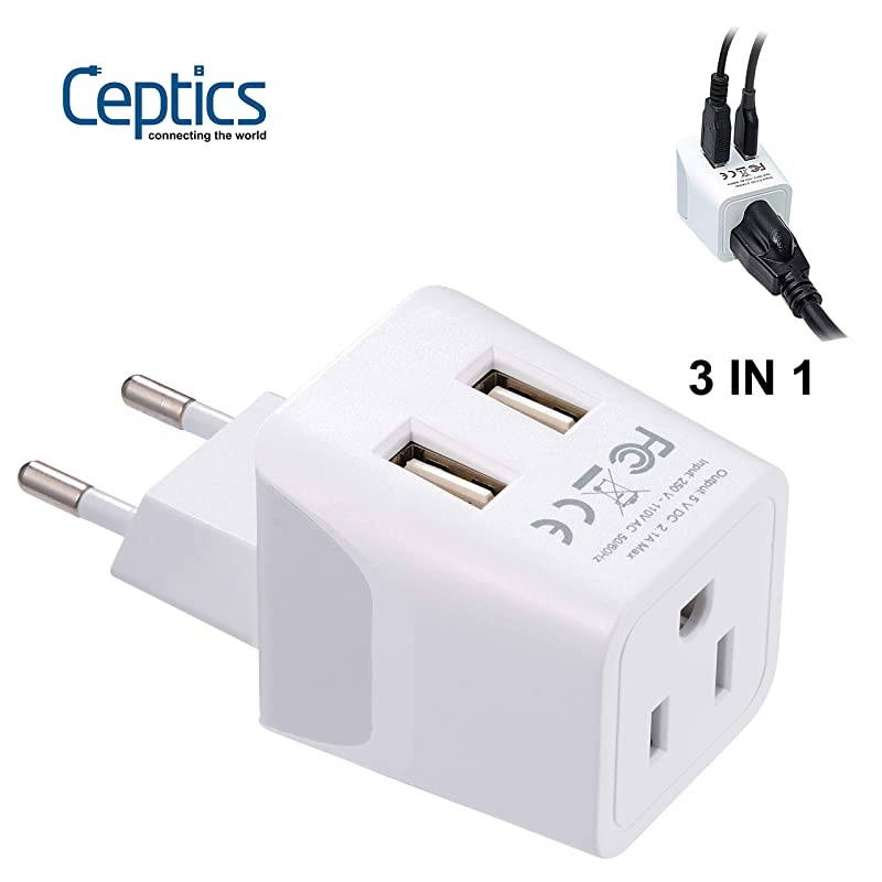 Europe Travel Adapter,  Ultra Compact Dual USB Power Plug - for European Type C - 3 Inputs & European Travel Plug Adapter,  Europe Power Adaptor Charger Dual Input - Ultra Compact