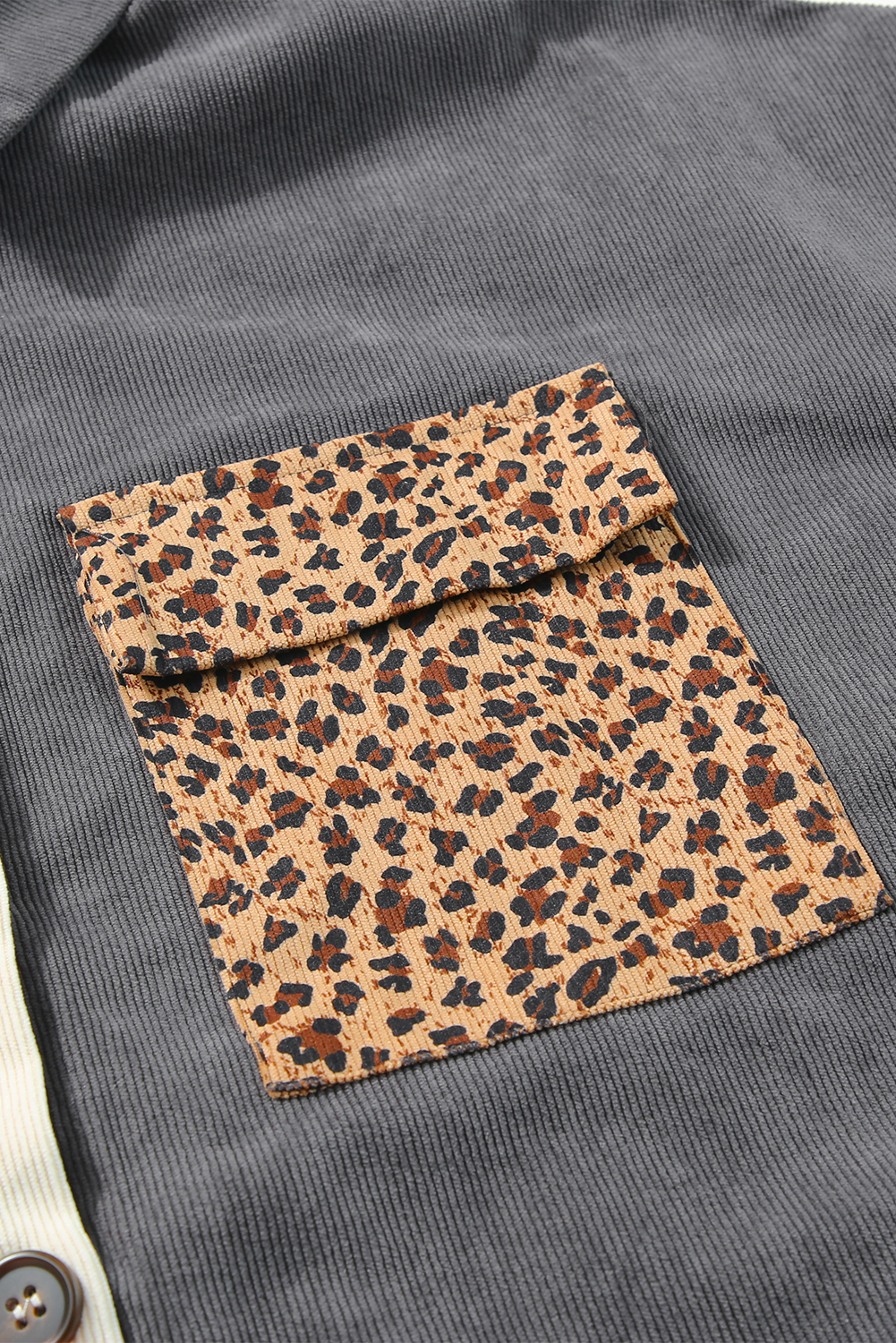 Gray Color Block Leopard Patchwork Casual Corduroy Shacket