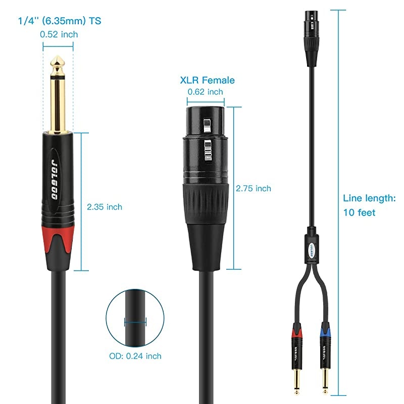 XLR Female to Dual 14quot TS Mono Y Splitter Microphone Cable XLR Female to Dual 635mm TS Y Adapter Cord 10 Feet