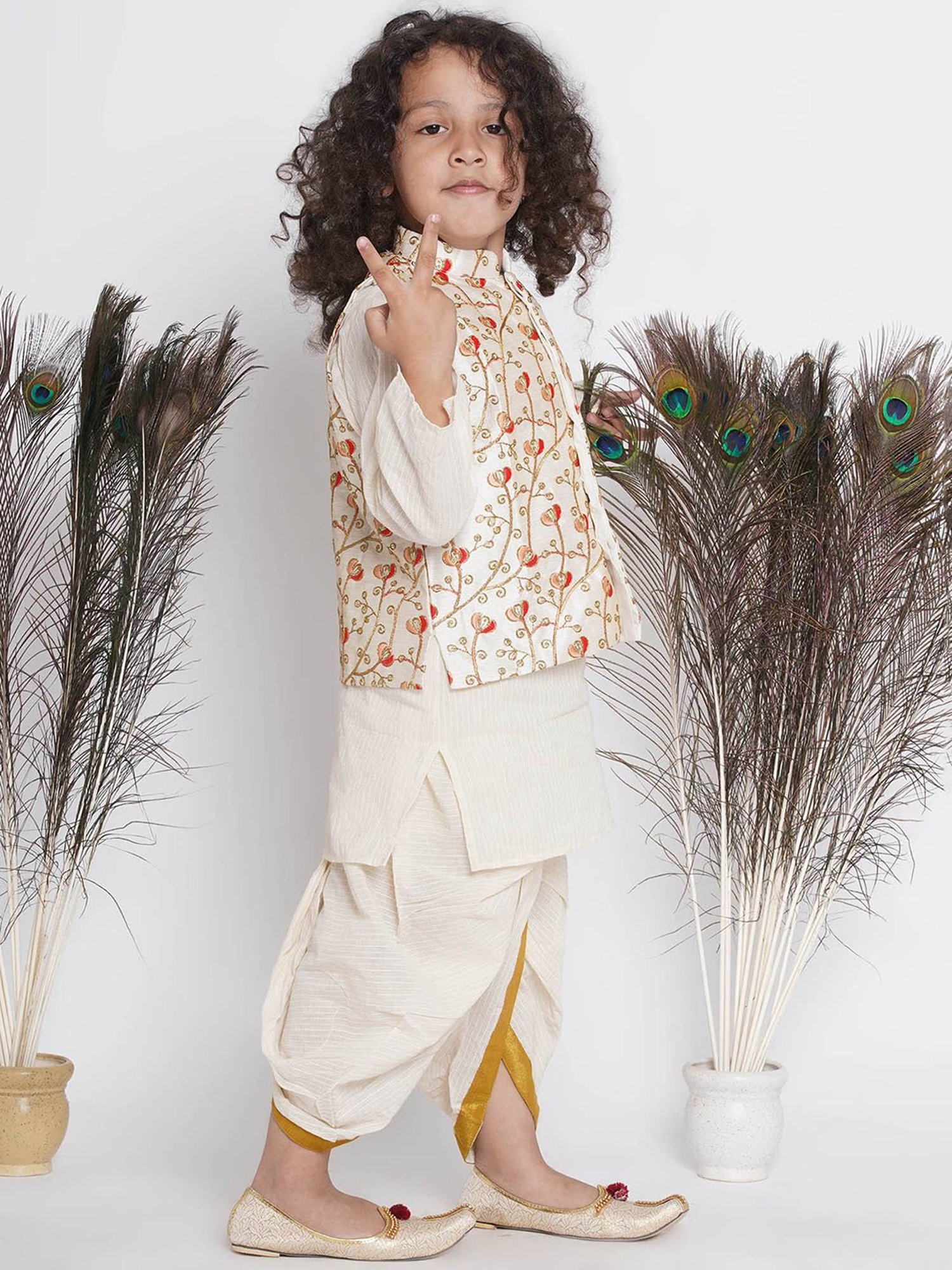 Little Bansi Kids Cream Embroidered Full Sleeves Kurta , Jacket with Dhoti