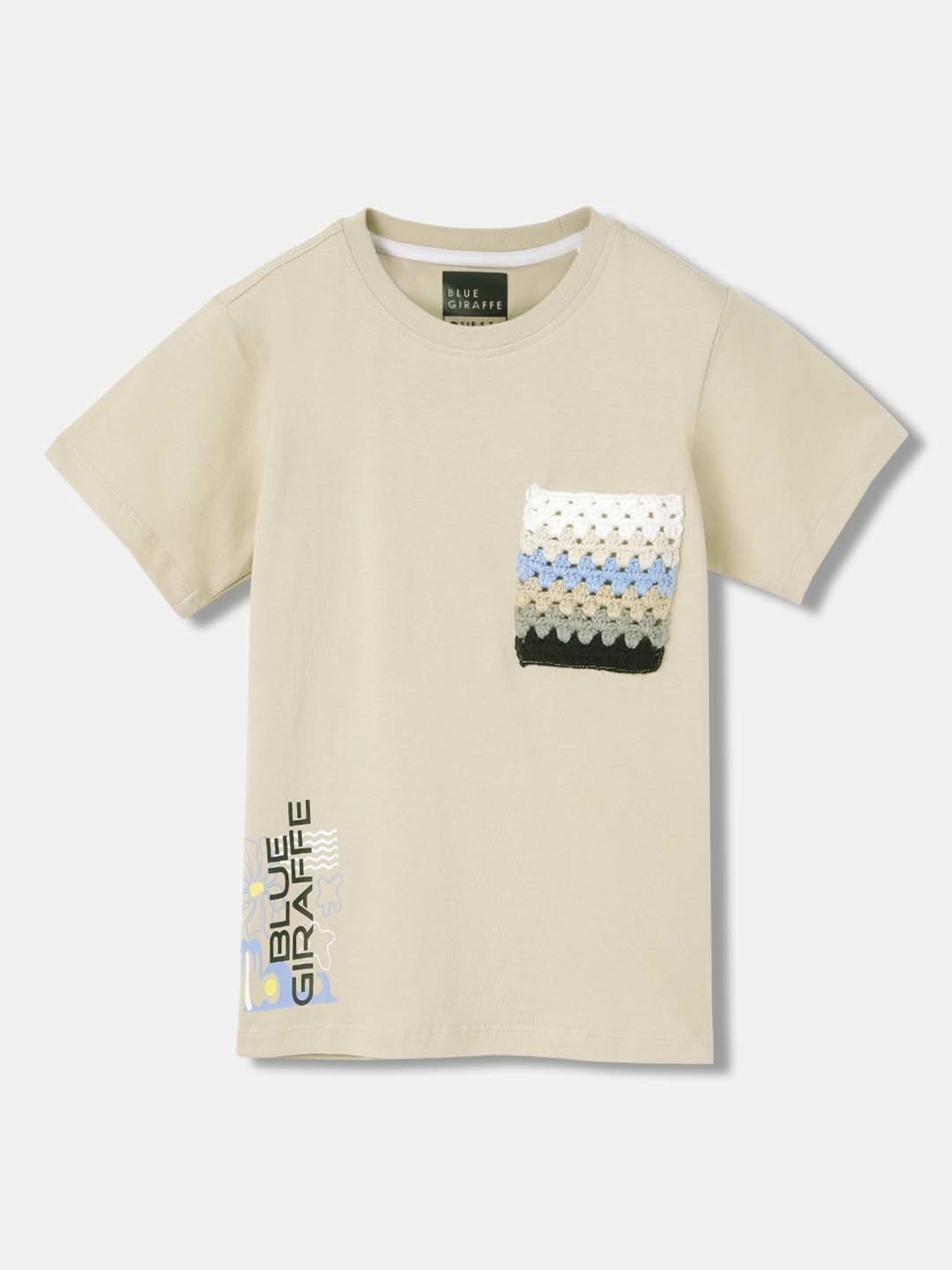 Blue Giraffe Boys Beige Cotton Printed T-Shirt