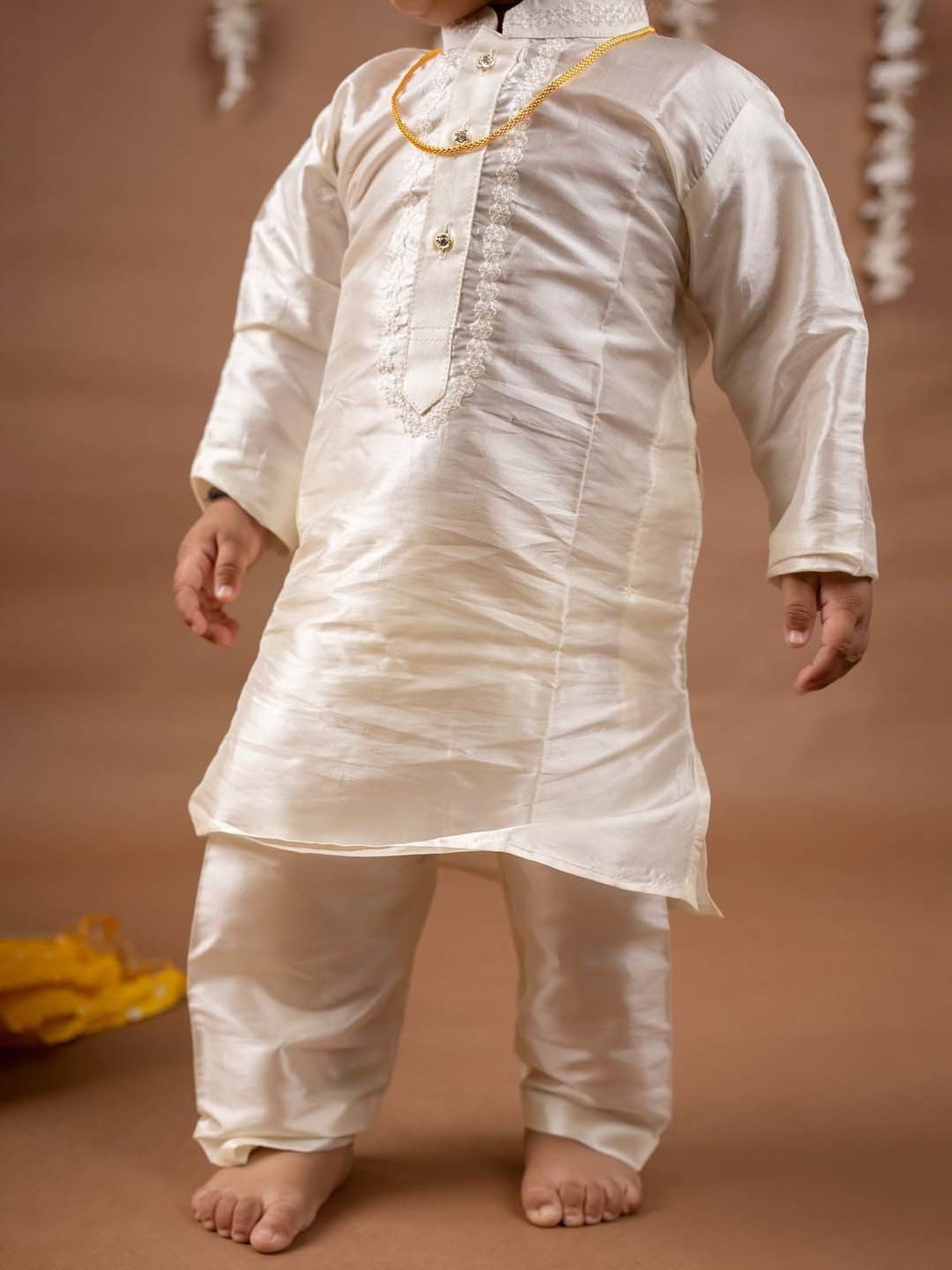 Baby Moo Kids Cream & Green Regular Fit Full Sleeves Kurta Set