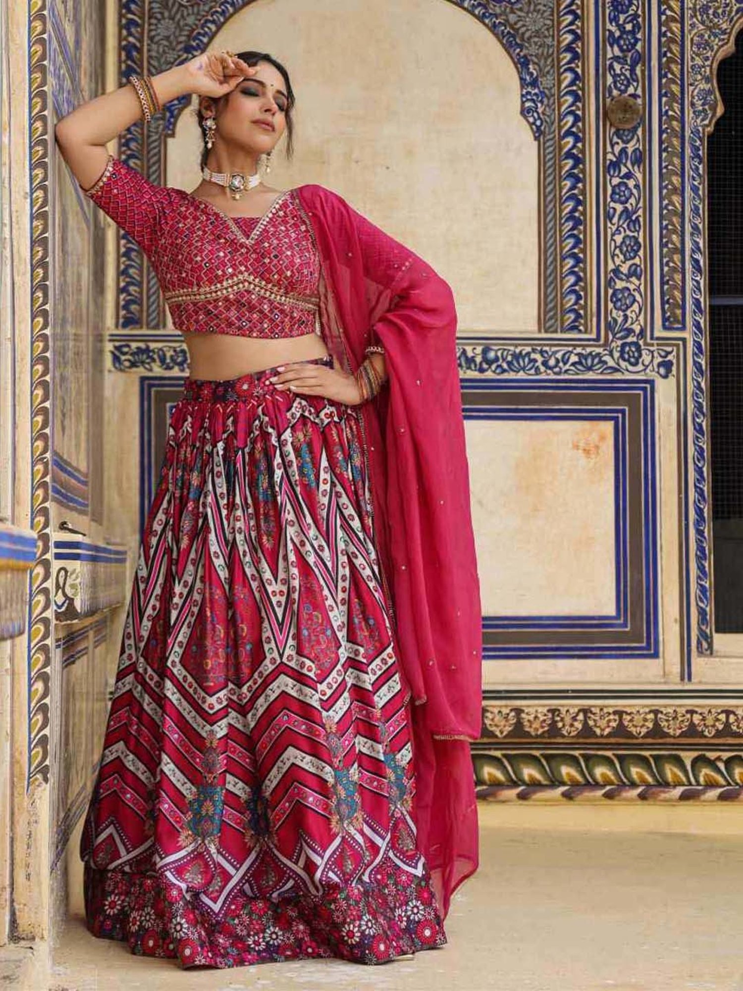 SCAKHI Purple Printed Lehenga Choli Set With Dupatta