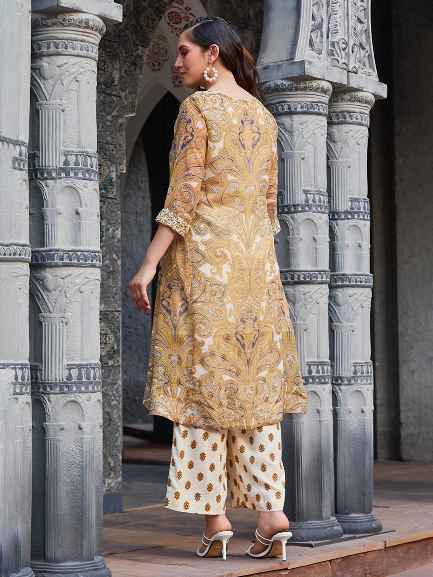 Biba Mustard & White Printed Kurta With Inner & Palazzo Set