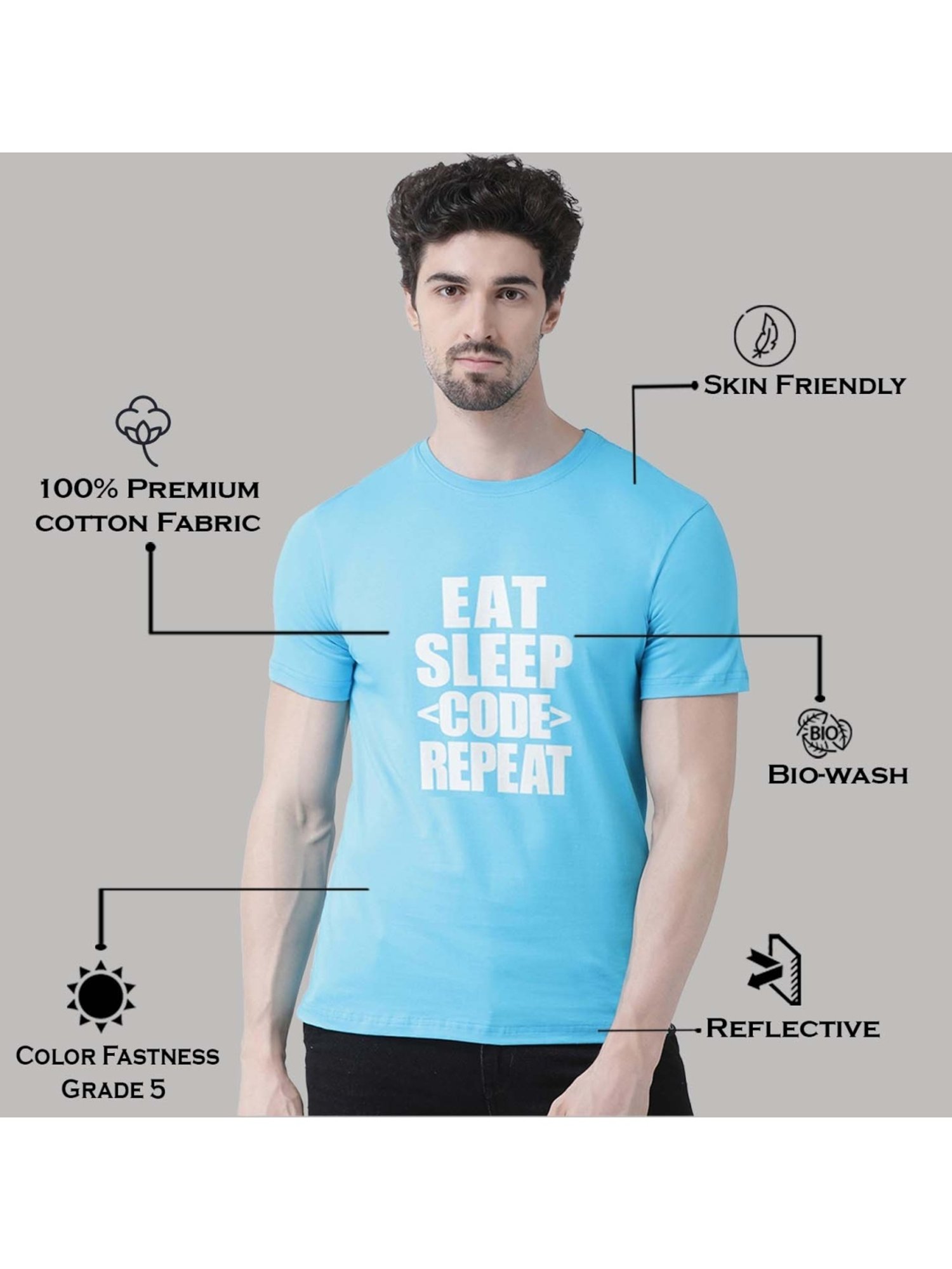 Friskers Turquoise Blue Cotton Slim Fit Printed T-Shirt