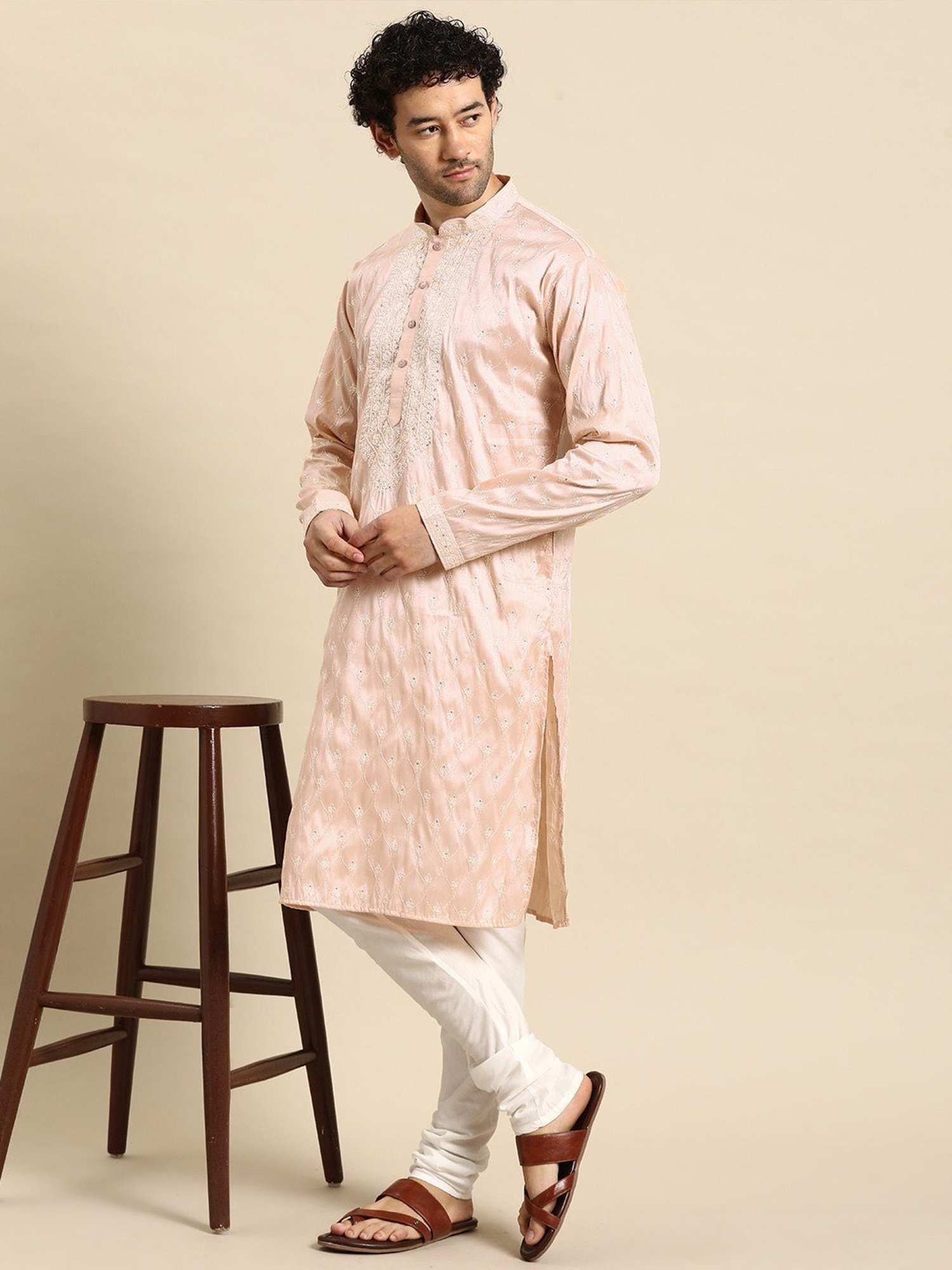 ManQ Peach Regular Fit Embroidered Kurta