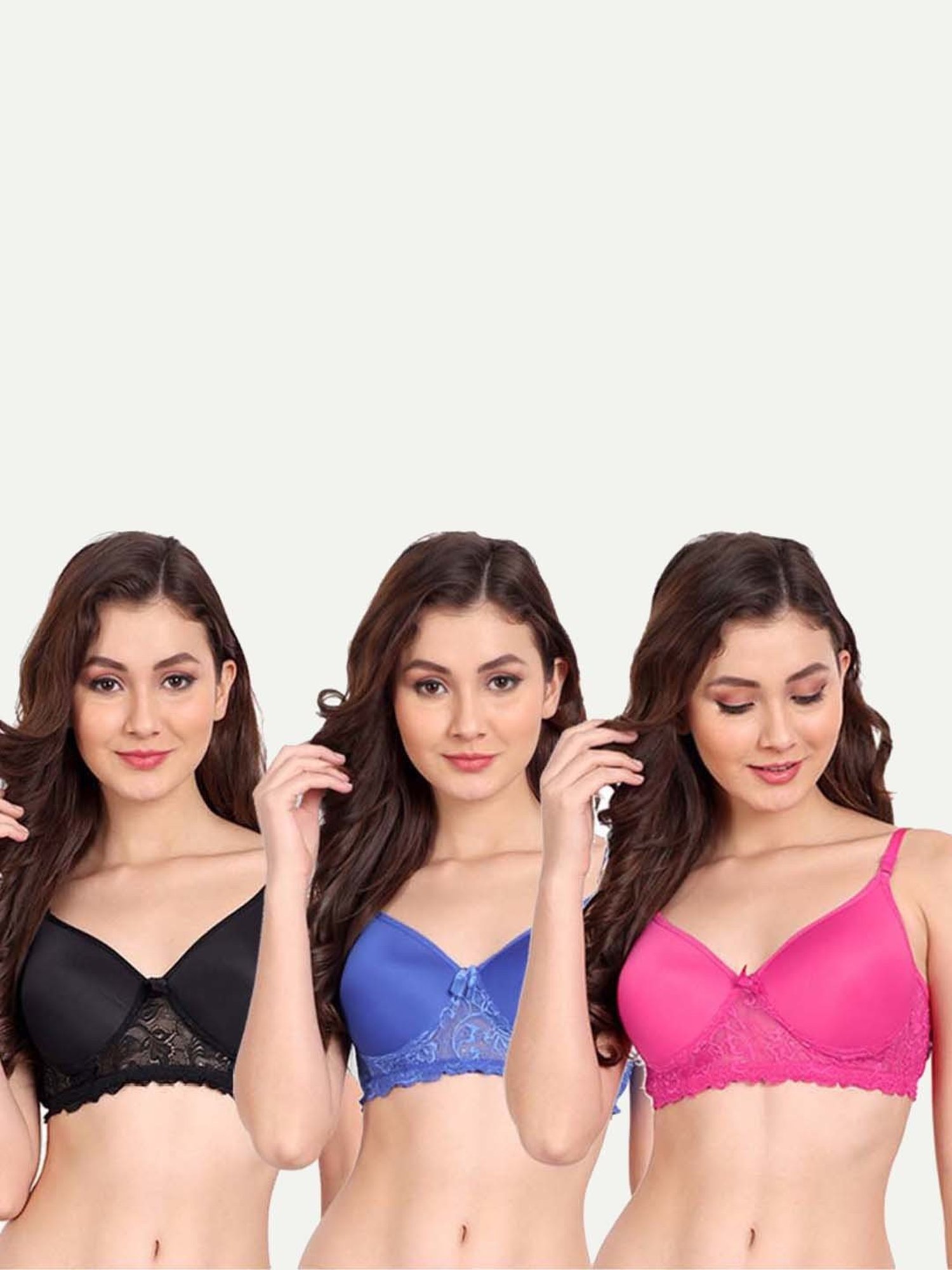 FIMS: Fashion is my Style Blue & Hot Pink Lace Work Everyday Bras - Pack Of 3