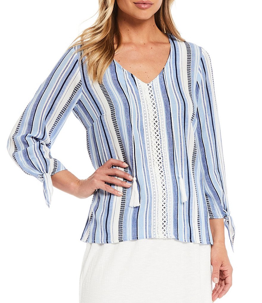 I.N. Studio Textured Stripe Crepon Tassel Tie V-Neck Details 3/4 Tie Sleeve Crochet Trim Detail Top