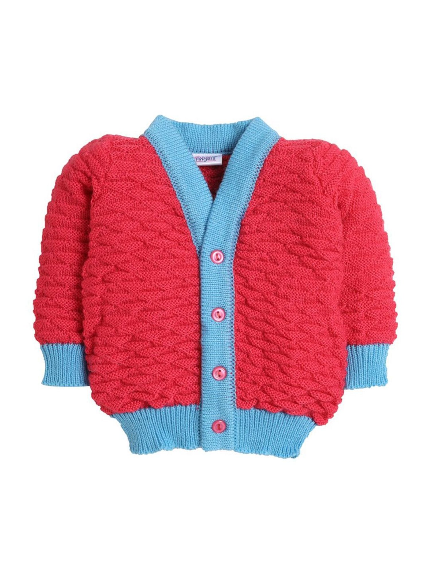 Little Angels Kids Red & Blue Textured Pattern Full Sleeves Sweater Set