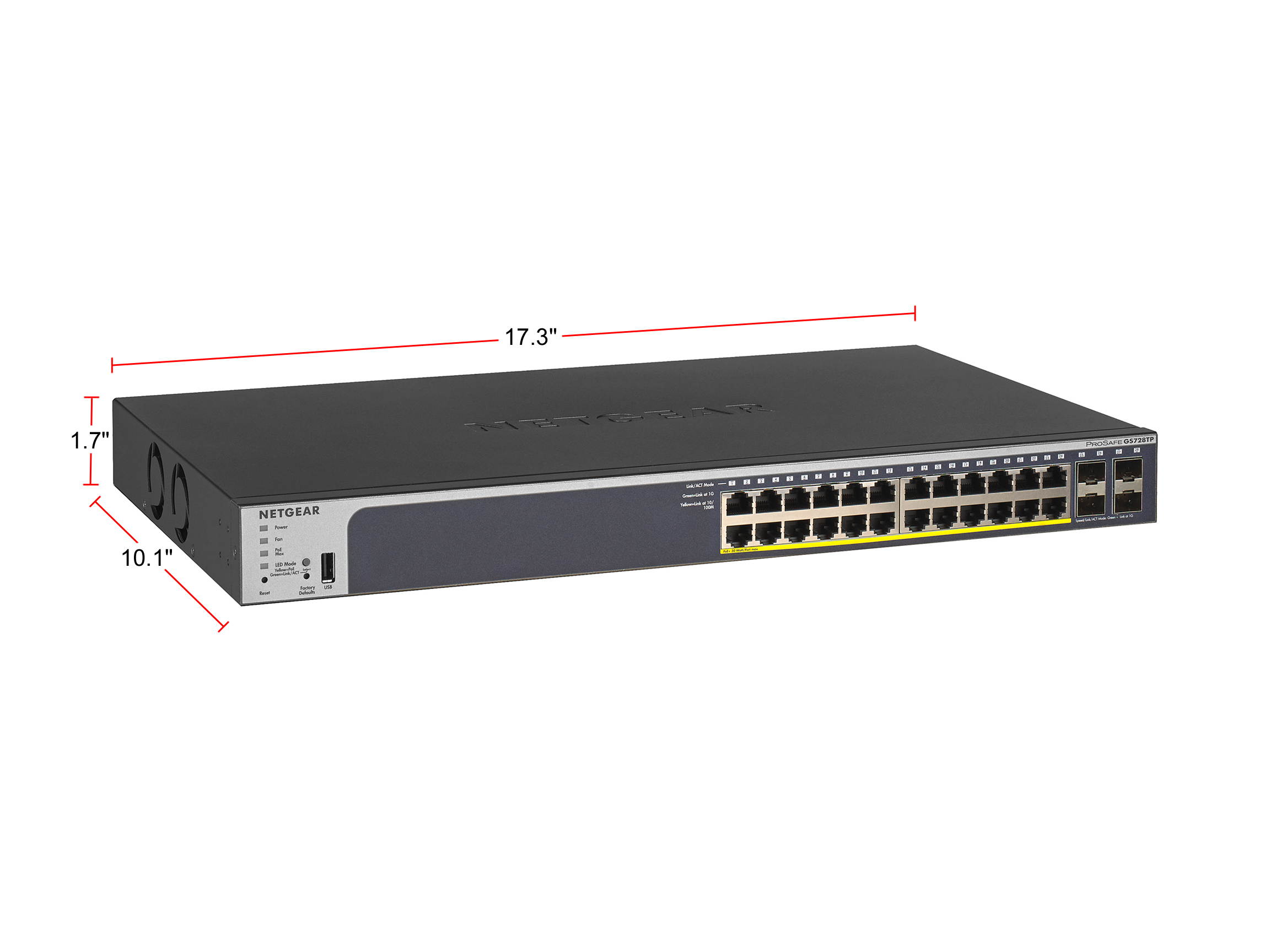 NETGEAR 28-Port PoE Gigabit/10G Stackable Smart Switch (GS728TXP) - Managed with 24 x PoE+ @ 195W, 2 x 10G Copper and 2 x 10G SFP+, Desktop/Rackmount, and ProSAFE Lifetime Protection