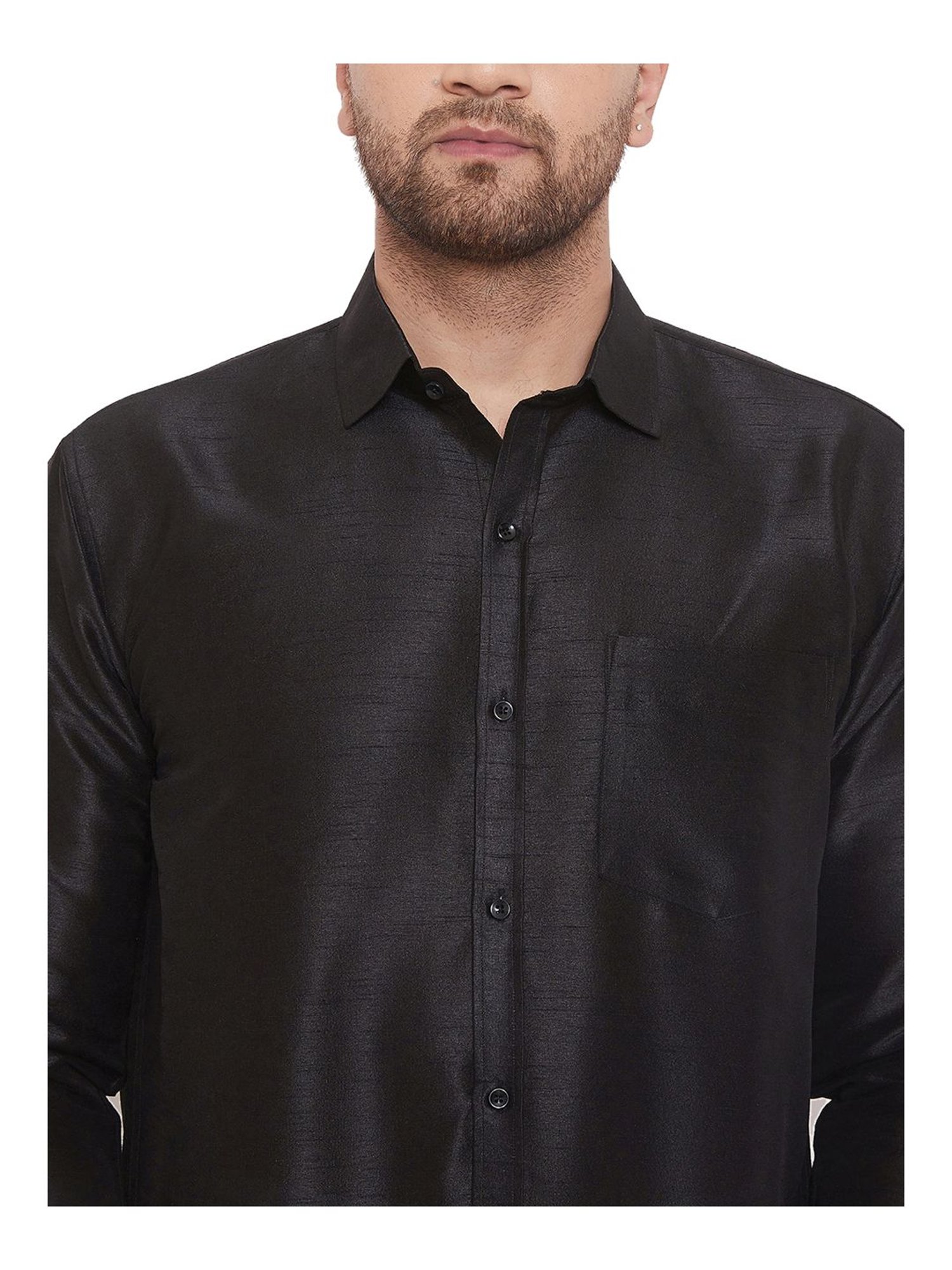 VASTRAMAY Black Straight Fit Self Pattern Ethnic Shirt