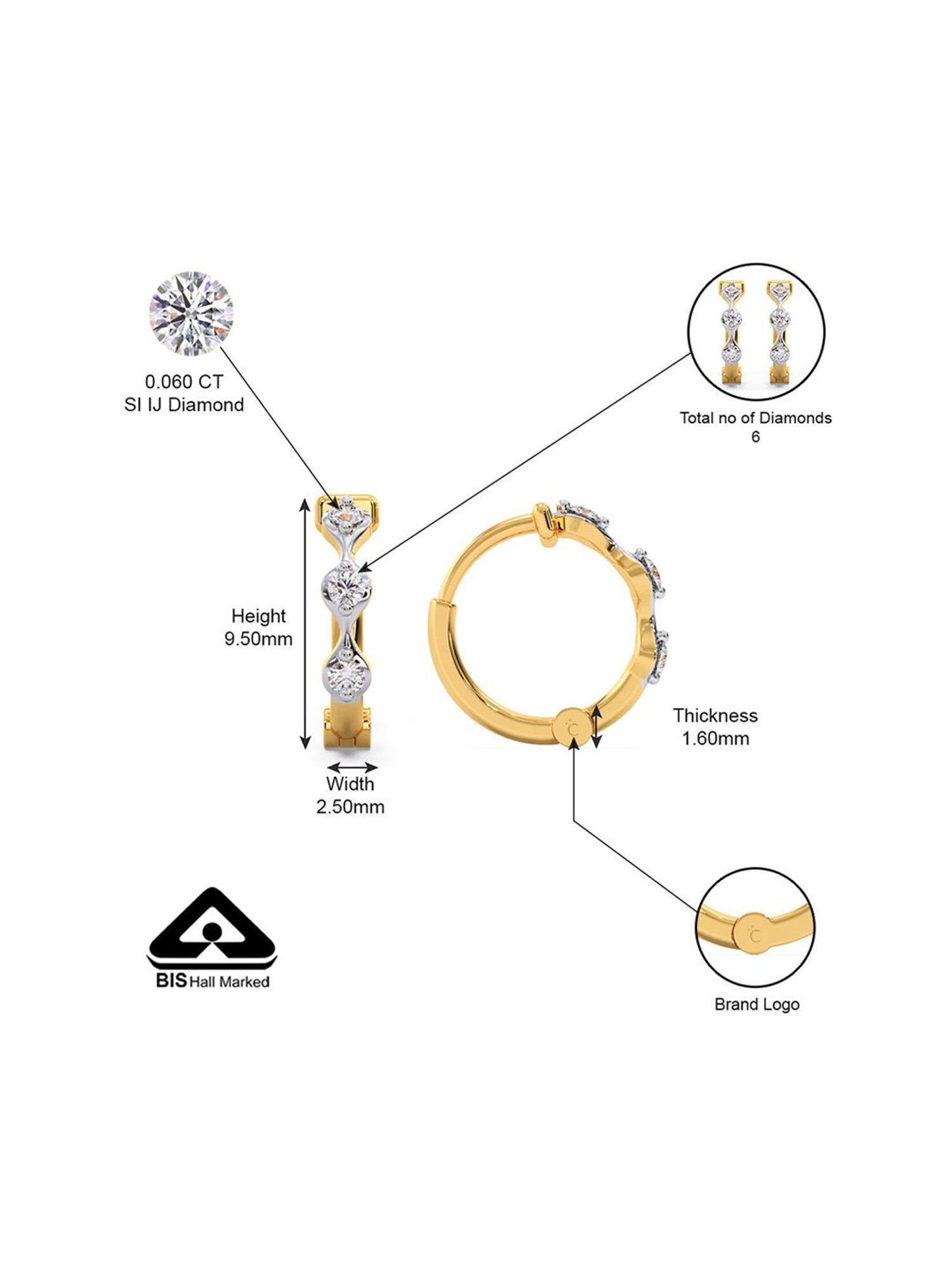 Candere by Kalyan Jewellers Stylish 18K Yellow Gold and Diamond Hoop Earrings