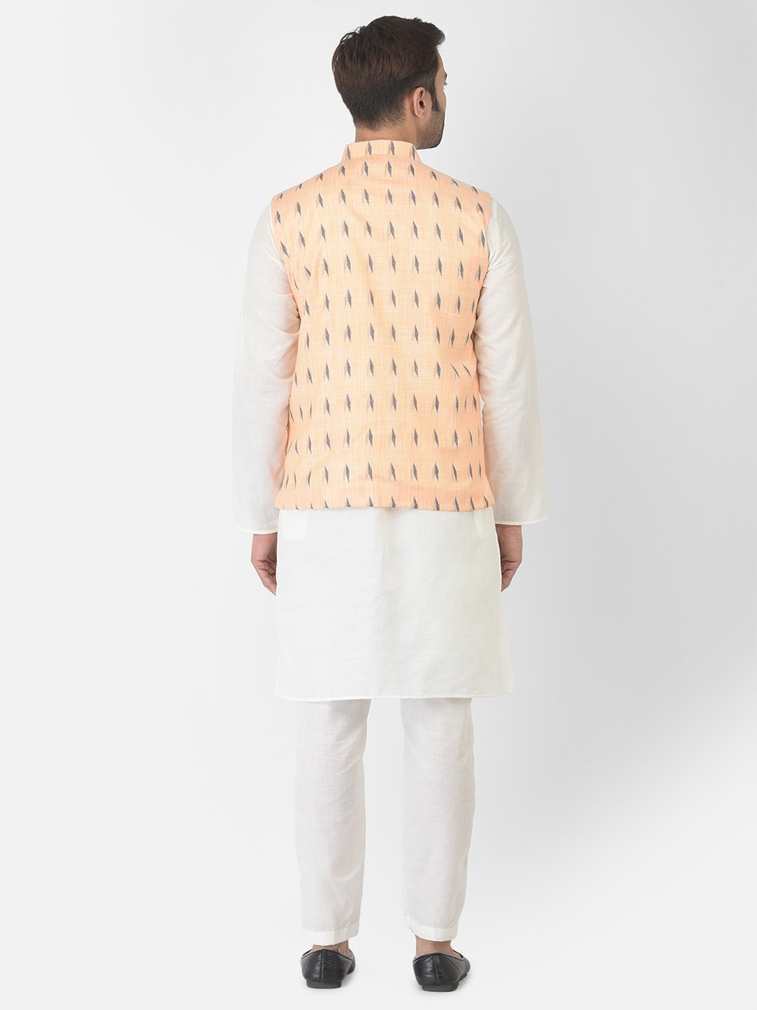 Deyann White & Orange Cotton Regular Fit Printed Kurta Set With Jacket