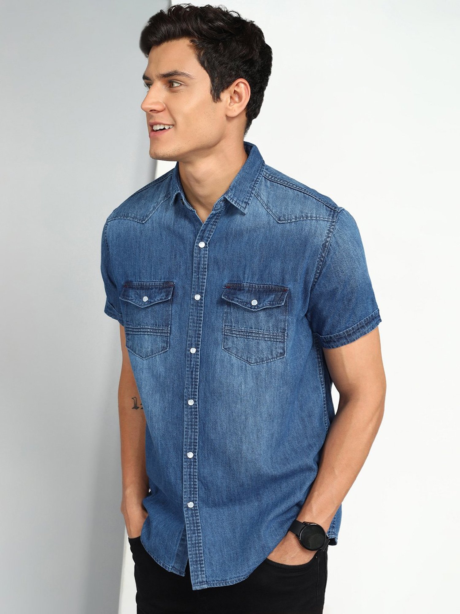 Kuons Avenue Blue Slim Fit Denim Shirt