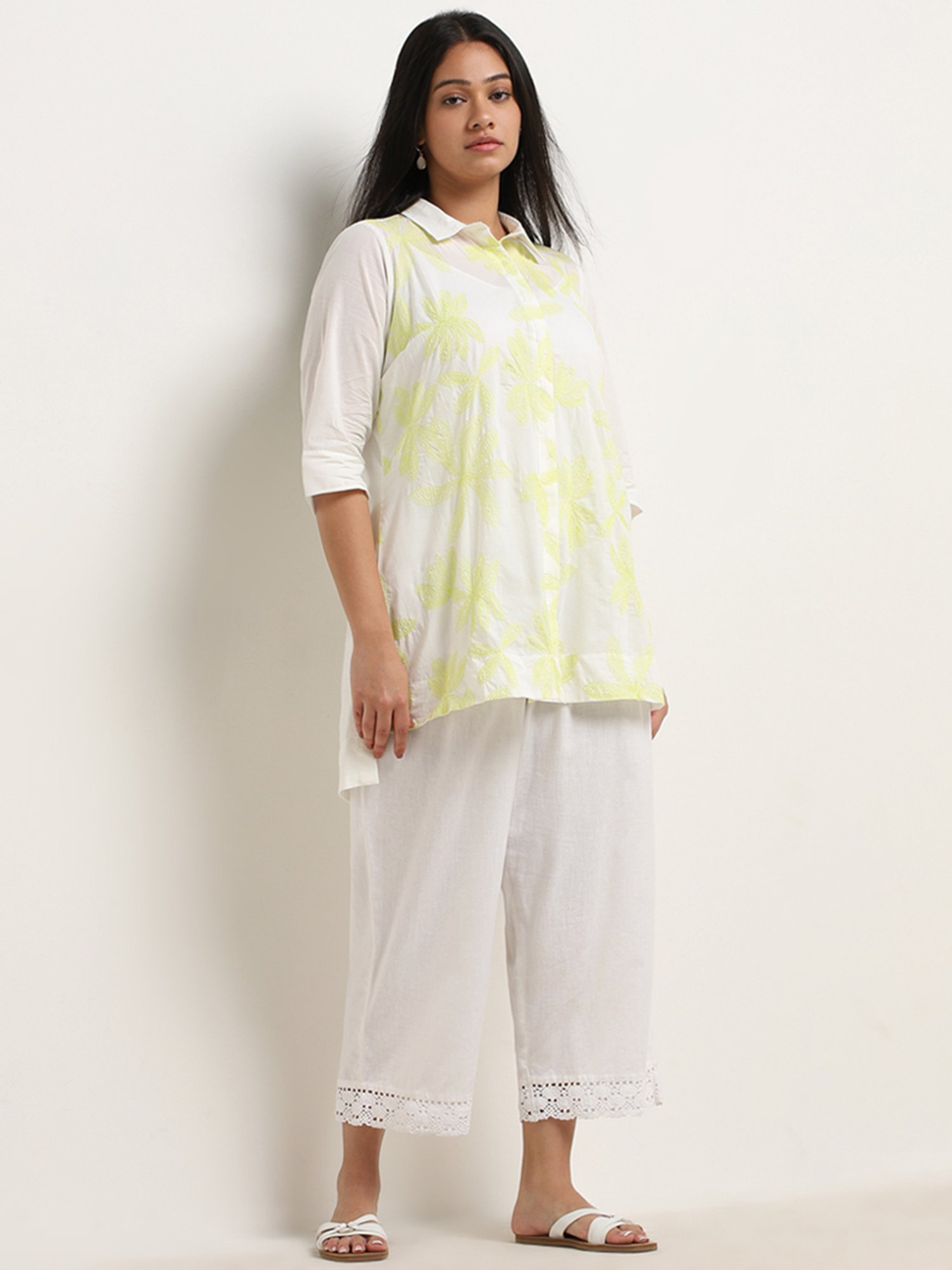 Diza by Westside Lime Floral Embroidered High-Low Cotton Tunic