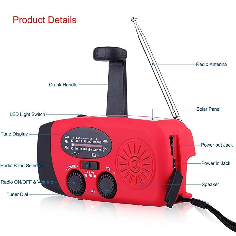 Solar Hand Crank Radio AMFM NOAA Solar Weather Radio with LED Flashlight 1000mAh Emergency Power Bank for iPhoneSmart PhoneRed