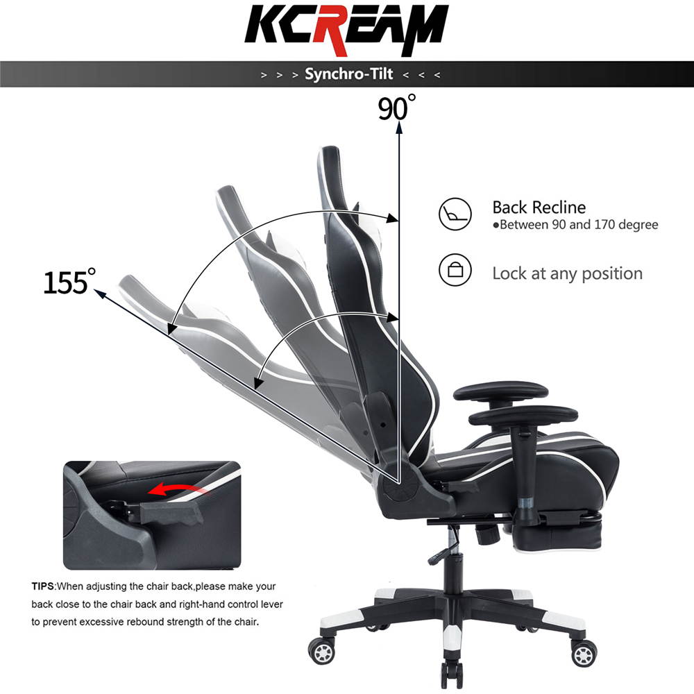 KCREAM Gaming Chair,Ergonomic Racing Office Computer Chair Adjustable Headrest and Lumbar Pillows PVC Leather High-Back Professional Gamer Chair with Footrest