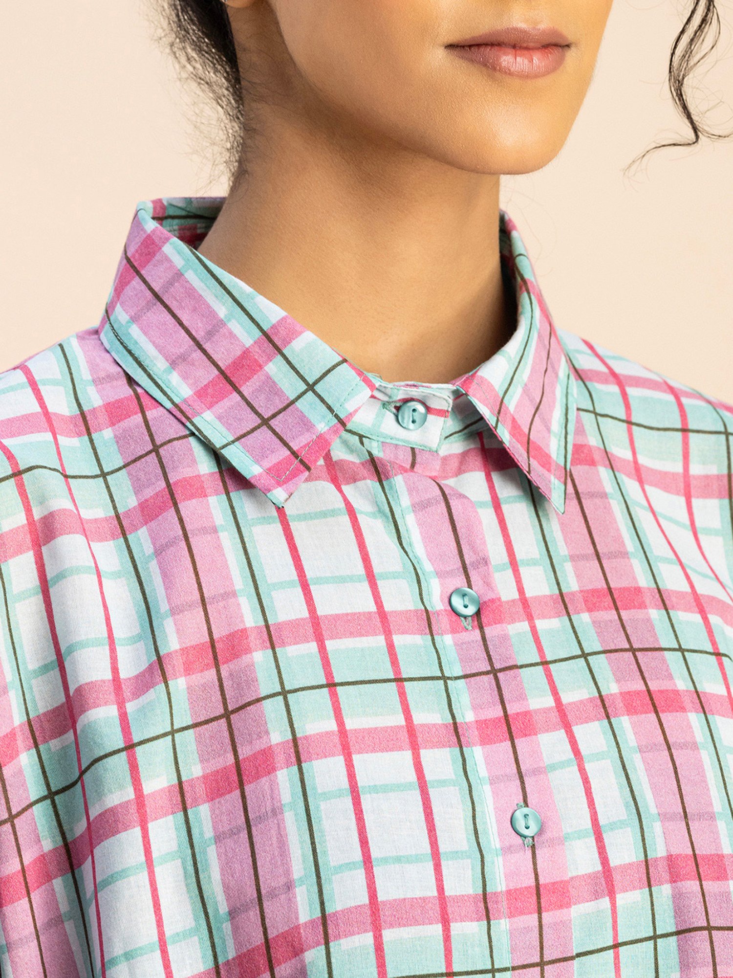 Moomaya Pink & Green Cotton Checks Top