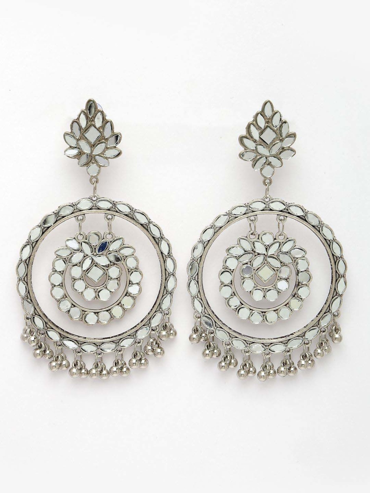 NVR Silver-Toned Mirror Work Oxidized Contemporary Dangler Earrings for Women