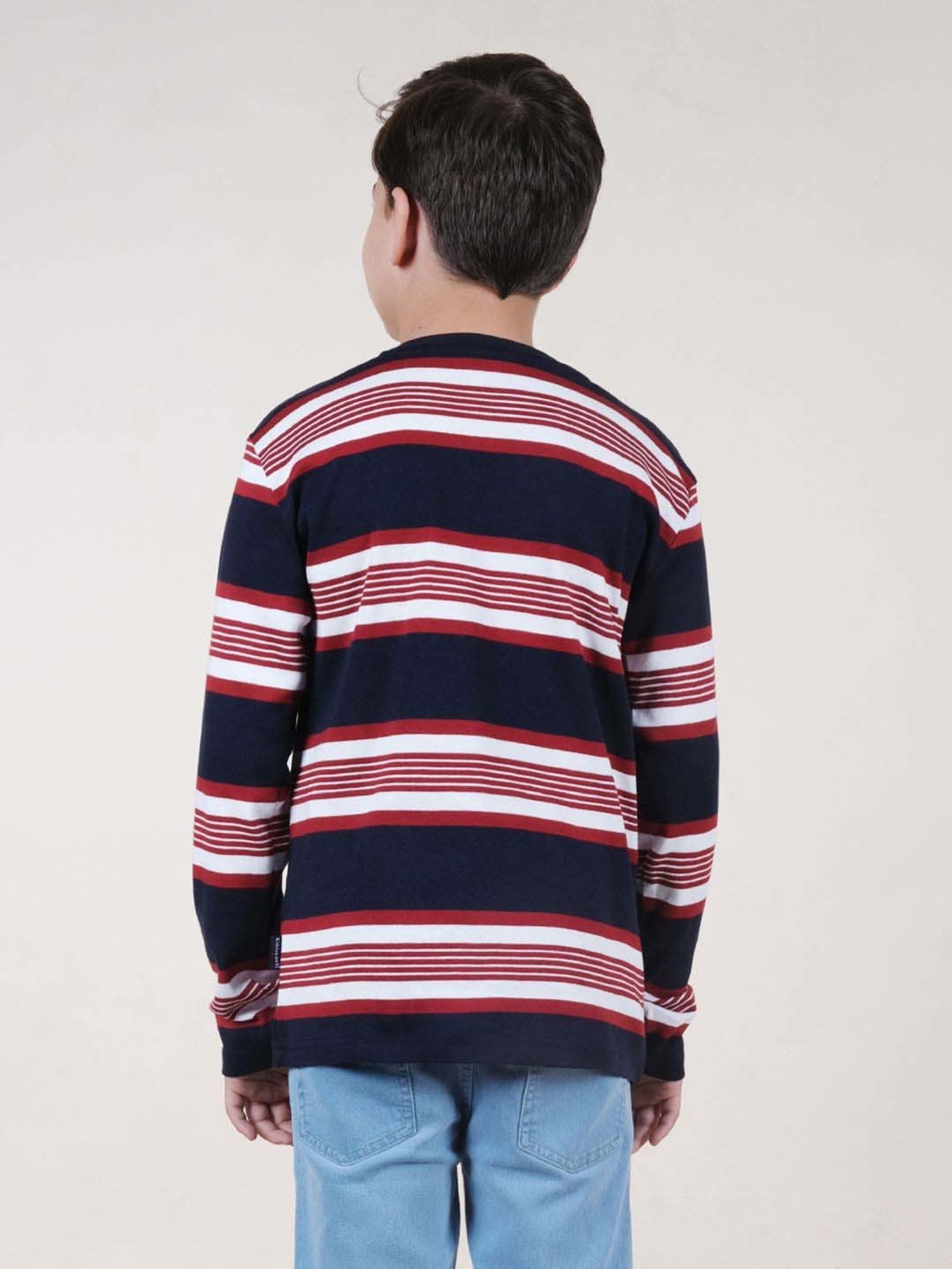 Kiddopanti Boys Navy & Red Cotton Striped Full Sleeves T-Shirts