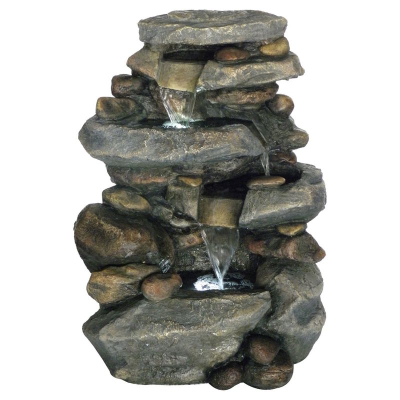 19.4" x 15" x 25.5" Stone Waterfall Outdoor Fountain With LED Lights - Gray - Pure Garden