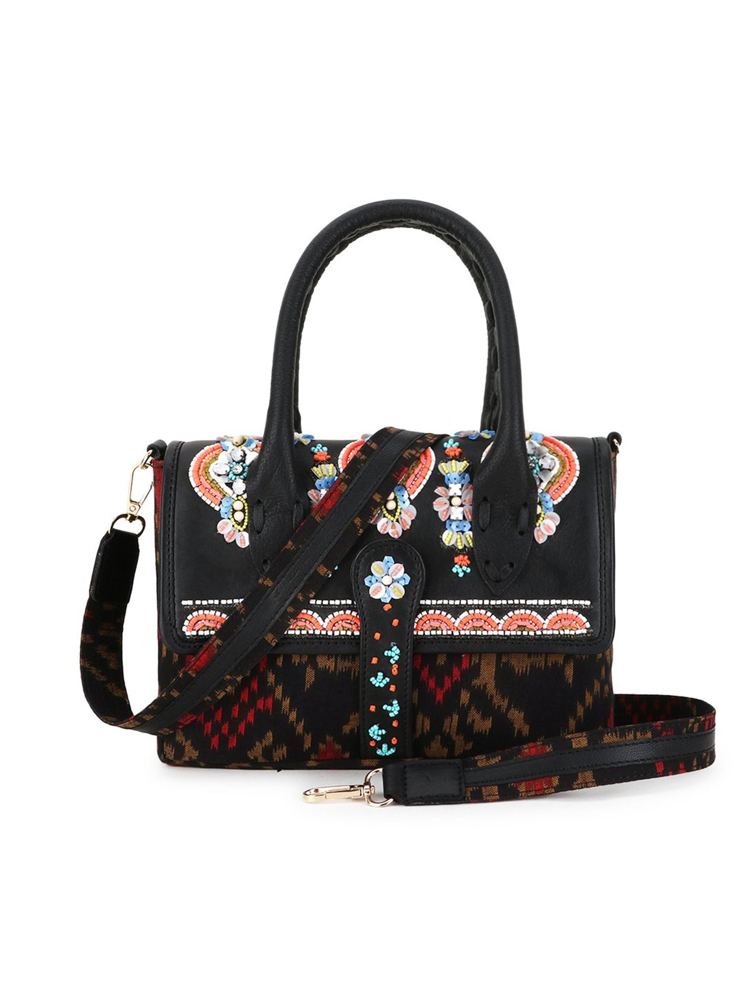 Spice Art Black Leather Medium Printed Handbag