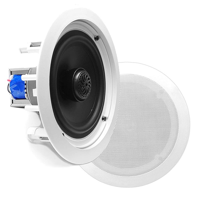 Pyle PDIC80T 70 Volt Dual 8 Inch 2 Way Ceiling Wall Flush Mount Speaker System Pair with Directable 1 Inch Titanium Dome Tweeter and 300 Watts Peak