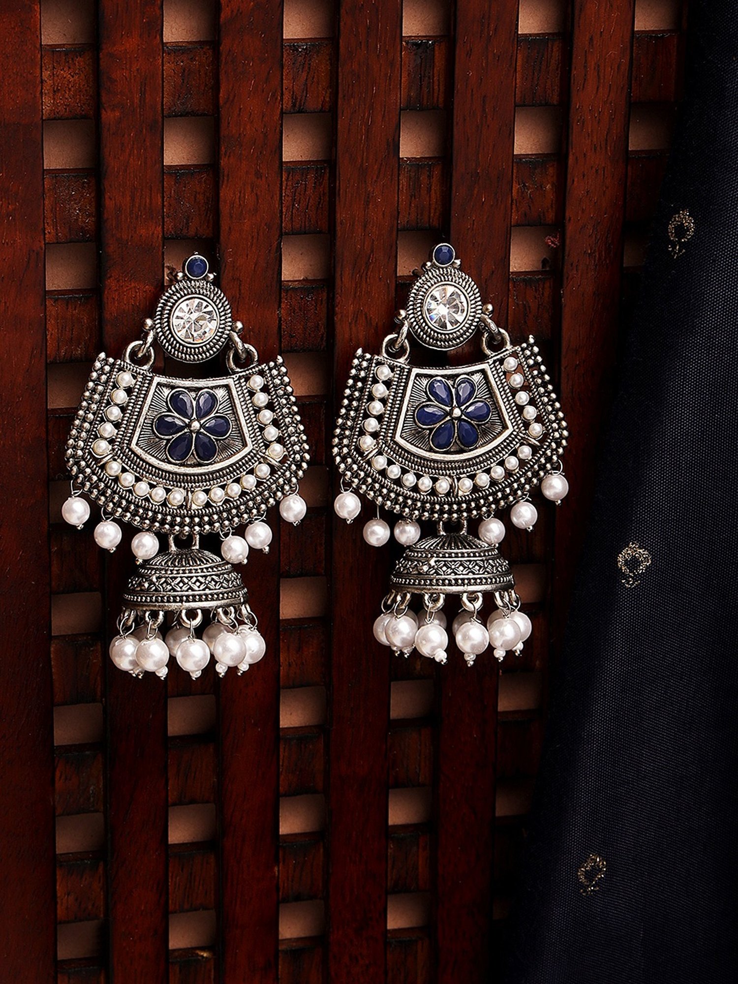 Aatmana Blue Meenakari Kundan & Pearl Floral Ethnic Jhumki Earrings