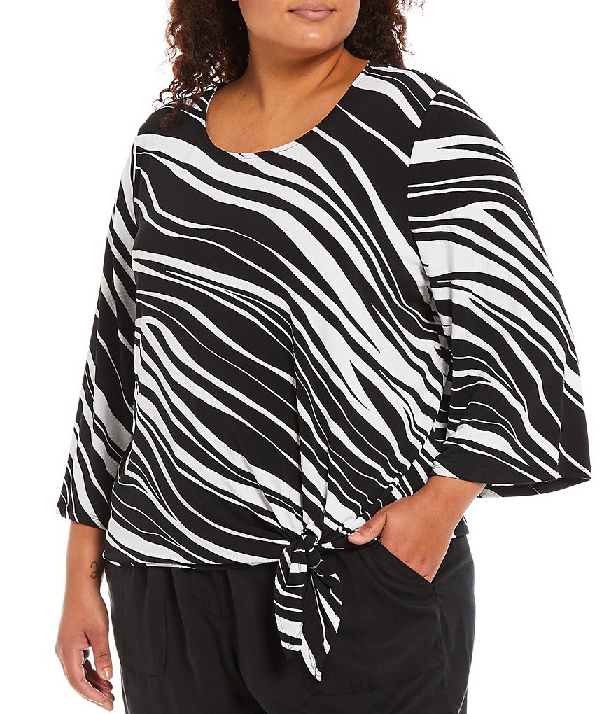 Ruby Rd. Plus Size Zebra Print Scoop Neck 3/4 Flared Sleeve Side Tie Front Top
