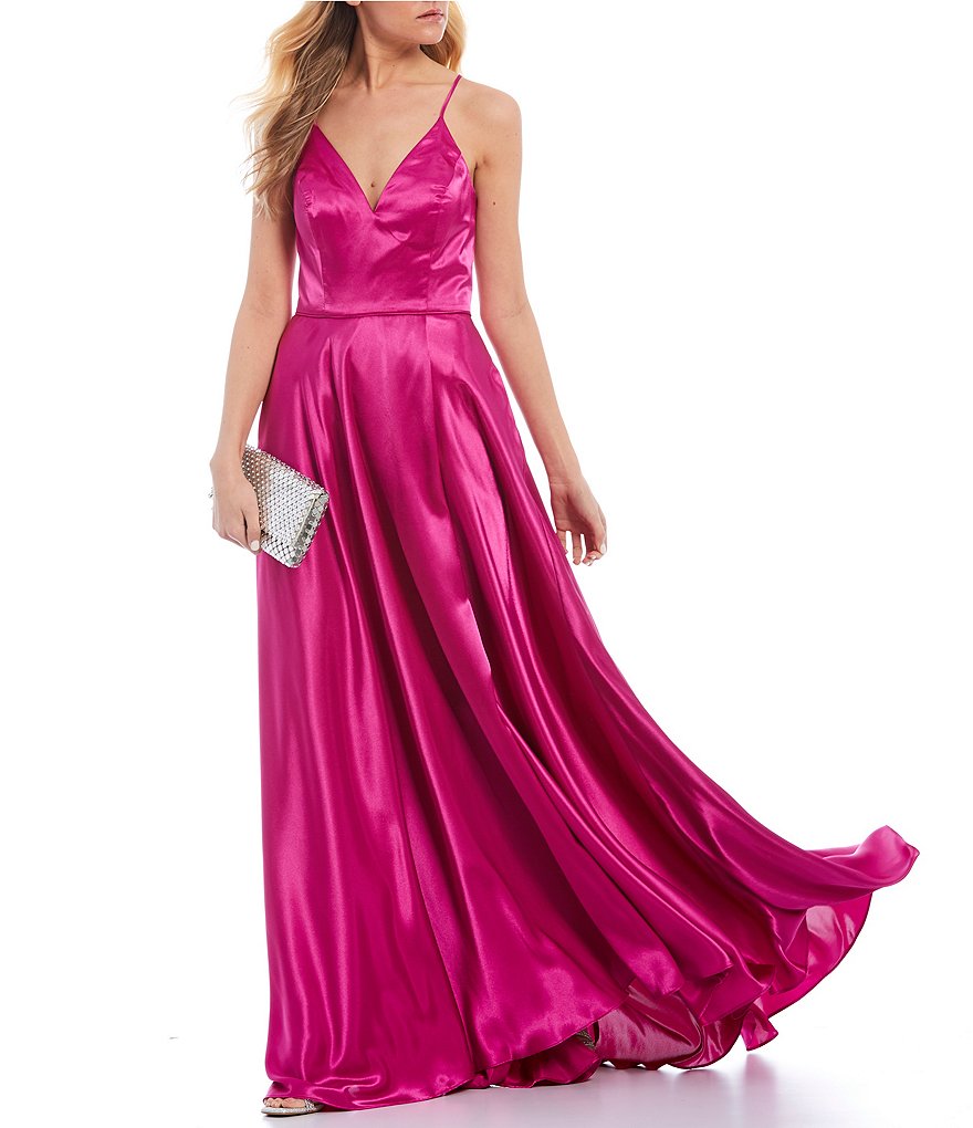 Sequin Hearts Y-Neck Pleated Satin Long Dress