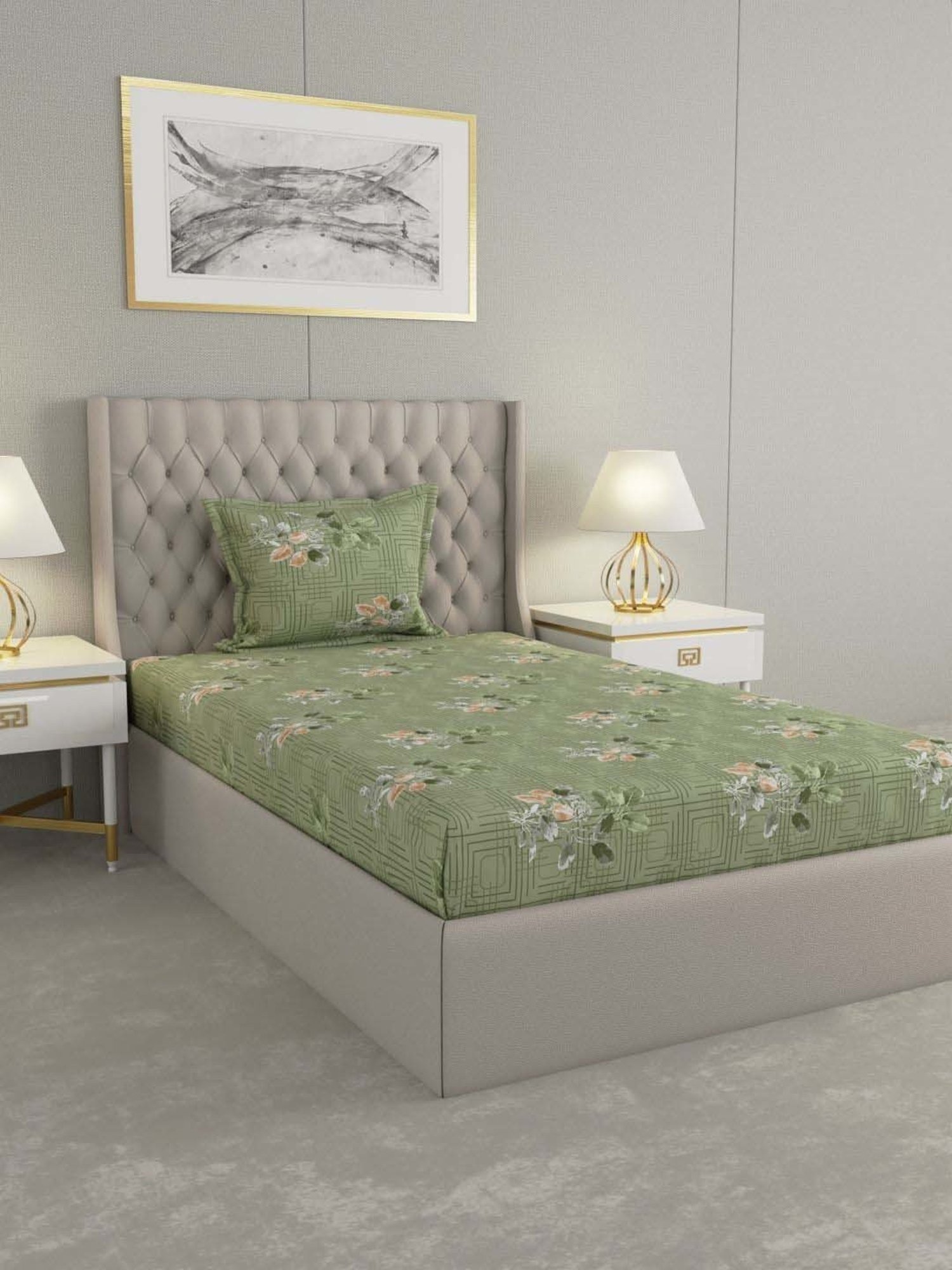 Raymond Home Delight Green 104 TC Cotton Single Bedsheet with 1 Pillow Cover