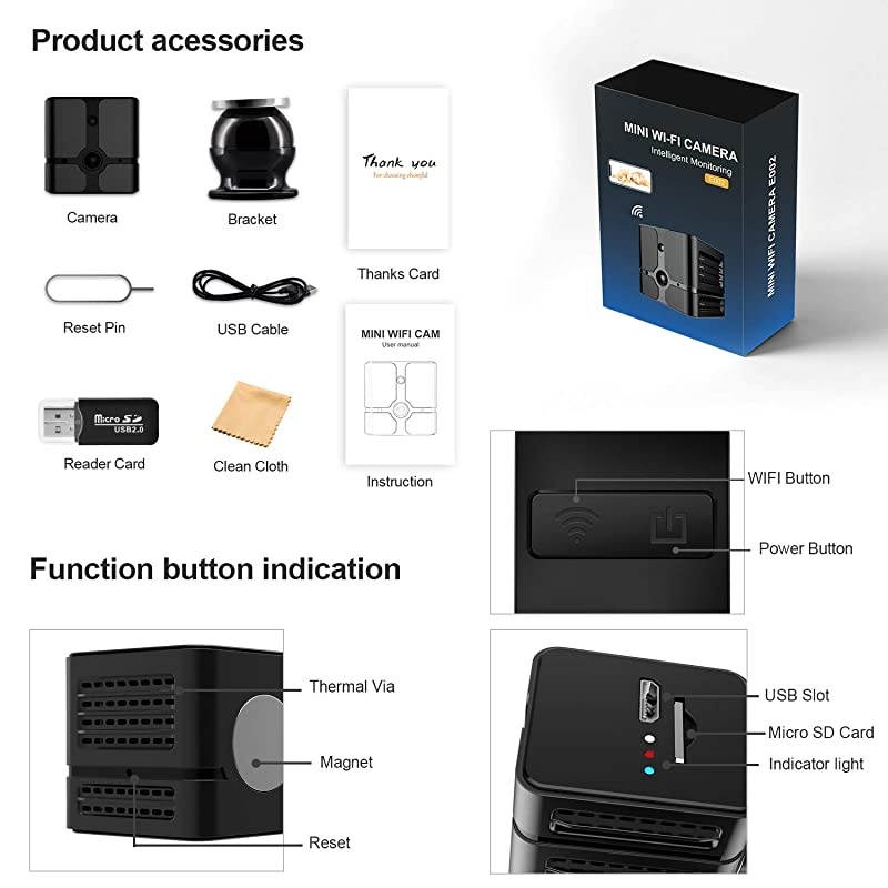 Mini Spy Camera WiFi 1080P HD Wireless Hidden Camera for Home Portable Small Security Cameras Body Camera with App Night Vision and Motion Detective Nanny Cam with 32GB MicroSD Card Class10