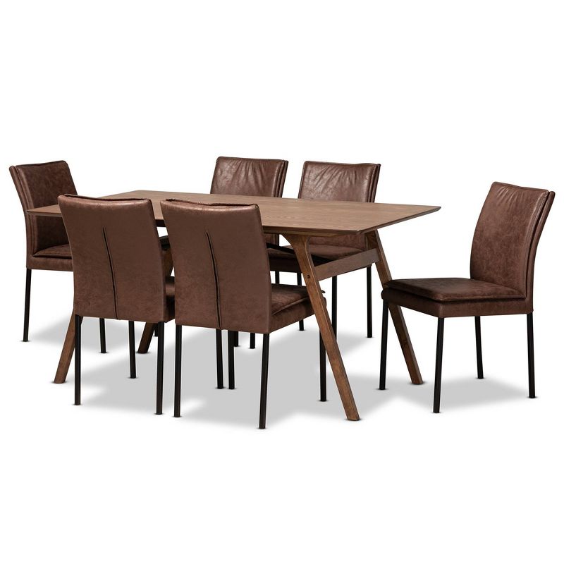 7pc Gerard Fabric and Metal with Wood Dining Set Brown/Black/Walnut Brown - Baxton Studio