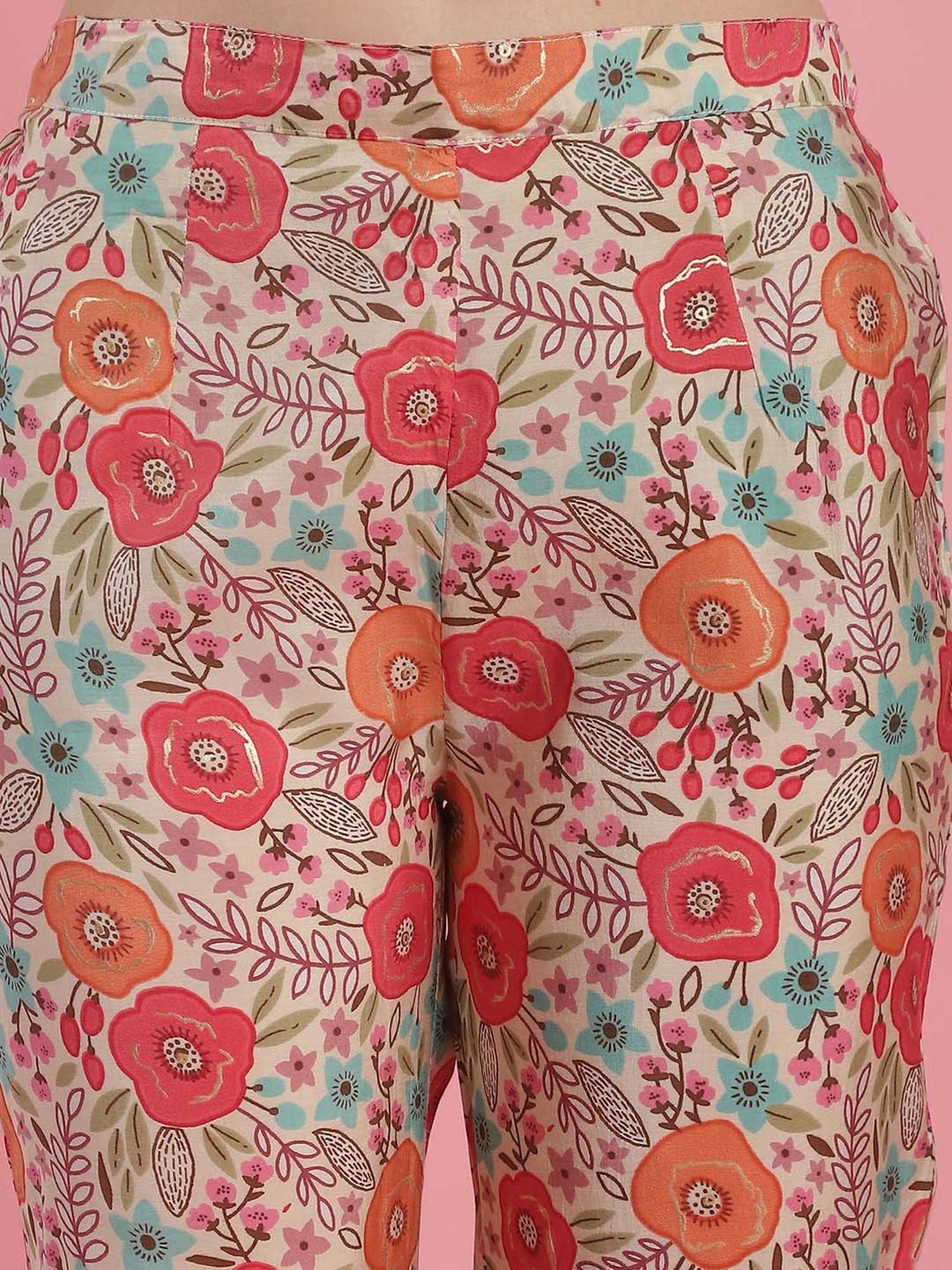 Prakrti Beige Floral Print Kurti Pant Set