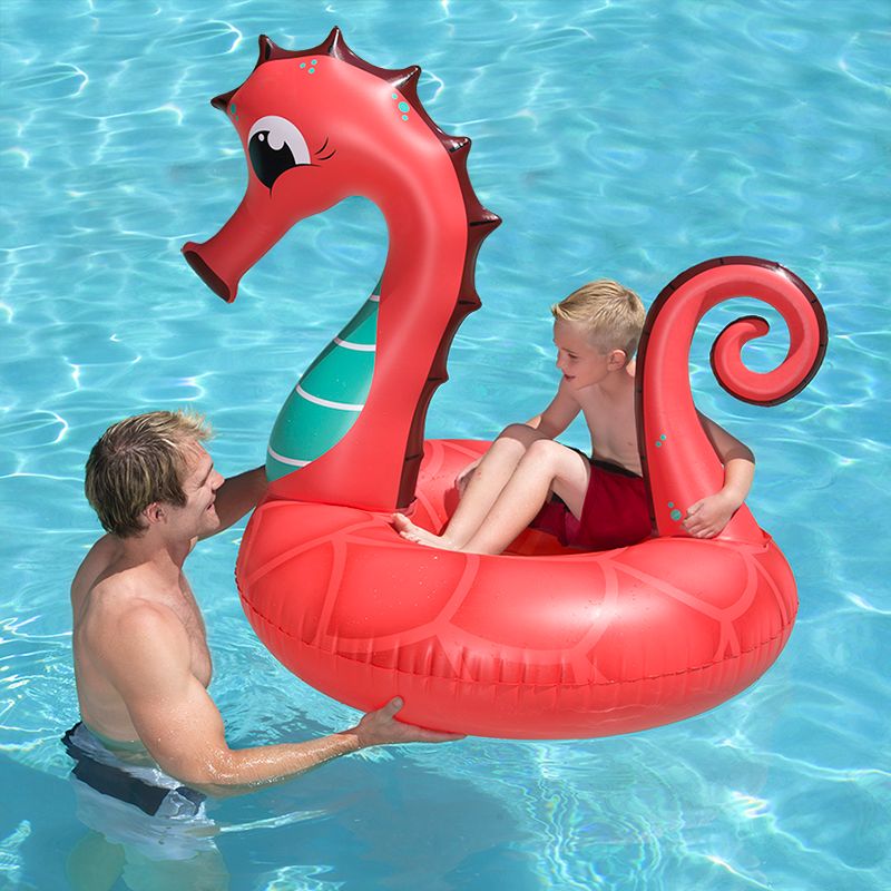 Swim Central 48" Seahorse 1-Person Inflatable Swimming Pool Inner Tube Float - Coral Red/Blue