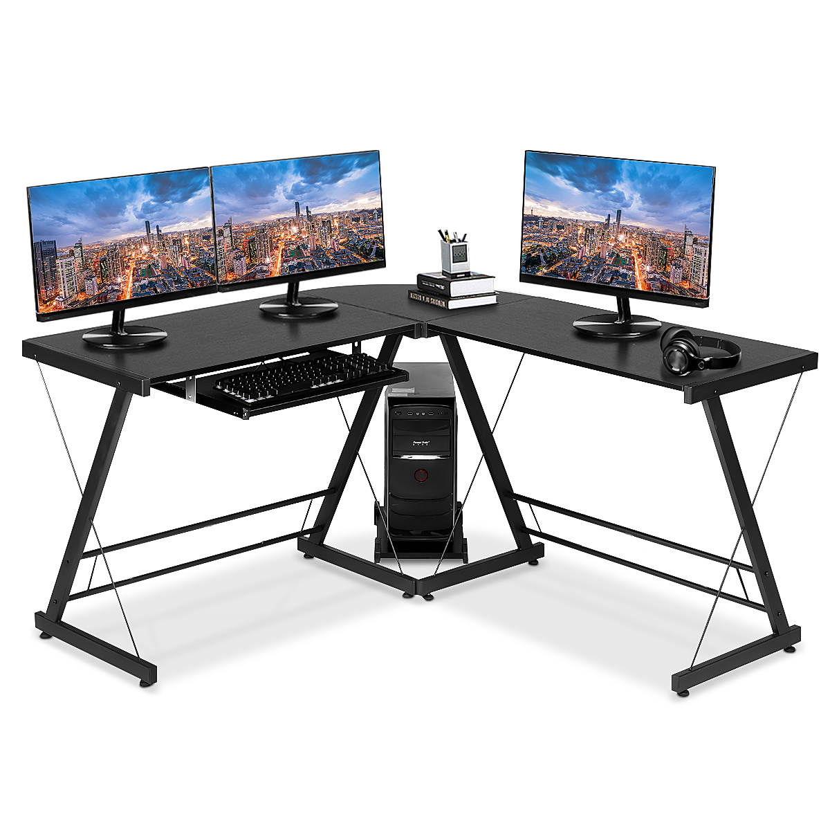 Gaming Desk, L-Shaped Professional E-Sport Gamer Workstation with Keyboard Drawer & High Class Wood Surface, Ergonomic PC Gaming Table for Home Office,Grey Black,GT146