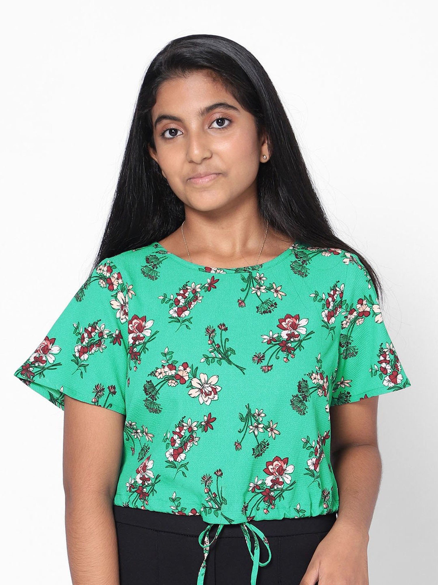 TeenTrums Girls Green Floral Print Top