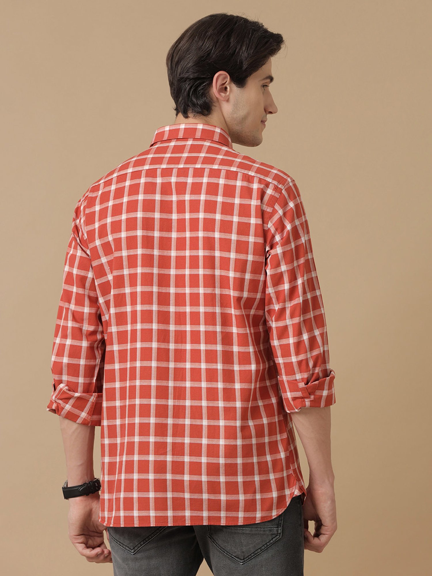 CAVALLO by Linen Club Orange Contemporary Fit Check Shirt