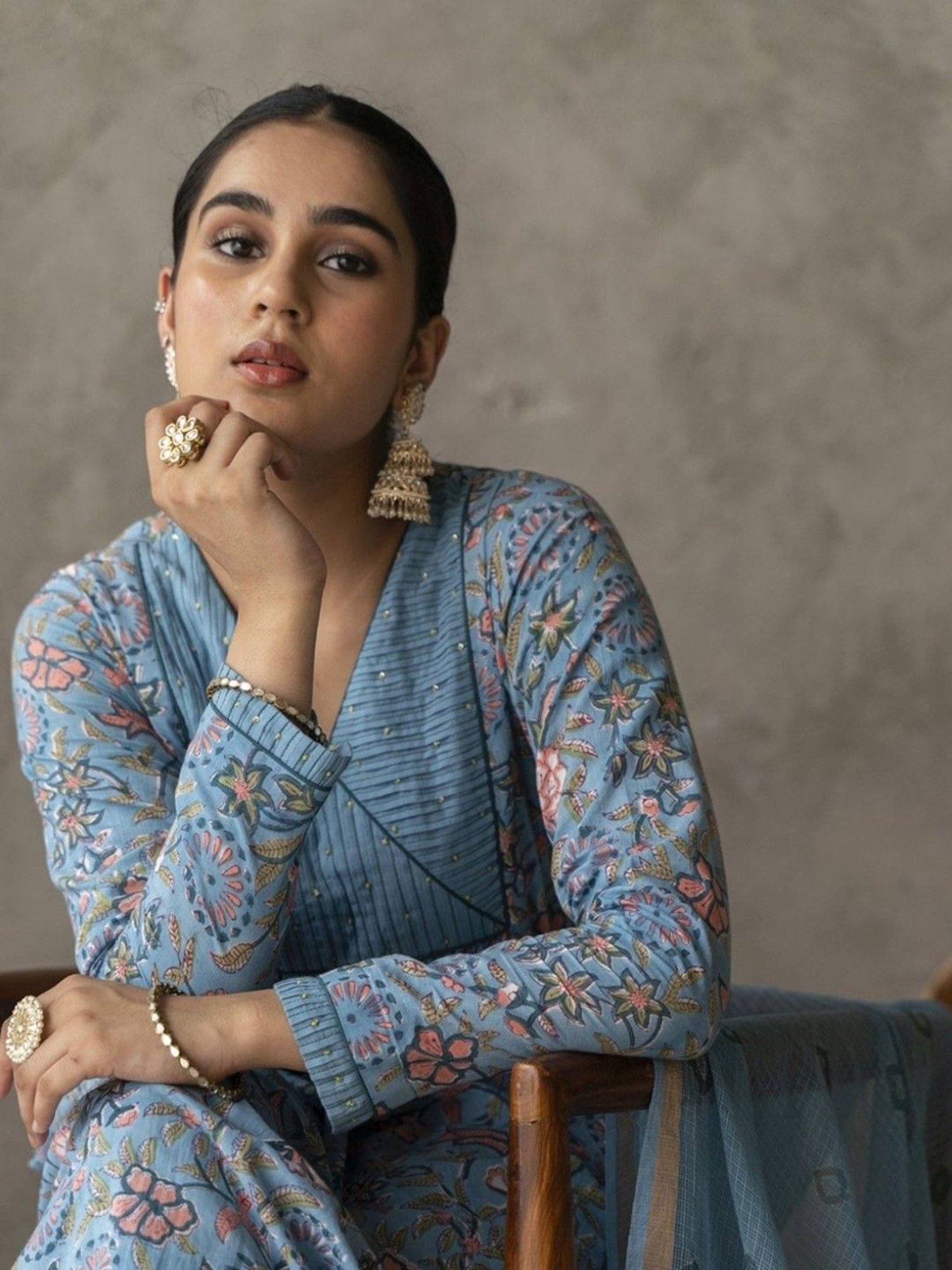 Akiso Reet Blue Block Printed With Yoke And Sleeve Detailed A Line Kurta