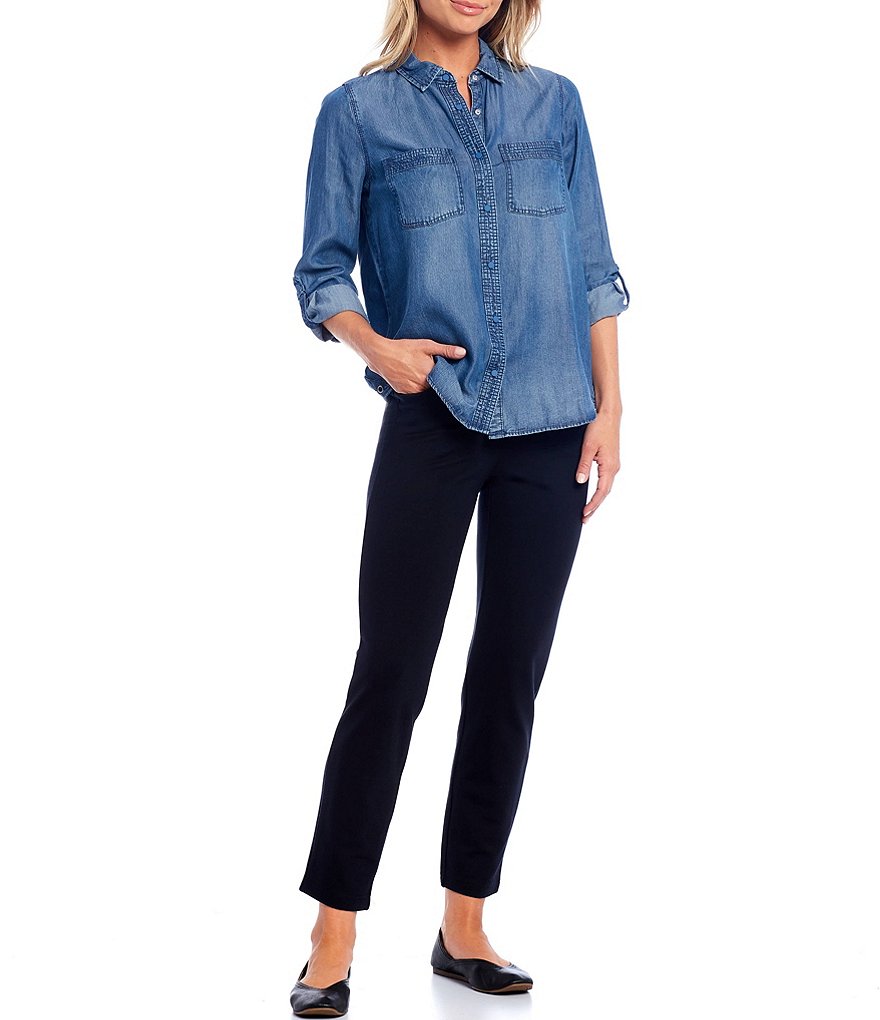 Intro Petites Roll-Tab Sleeve Button Front Slub Lyocell Shirt