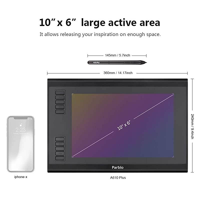 Drawing Tablet, 8192 Pressure Sensitivity with Battery-Free Stylus Graphic Tablet, Include A Pen Holder and 8 Extra Pen Tips( A610 Plus)