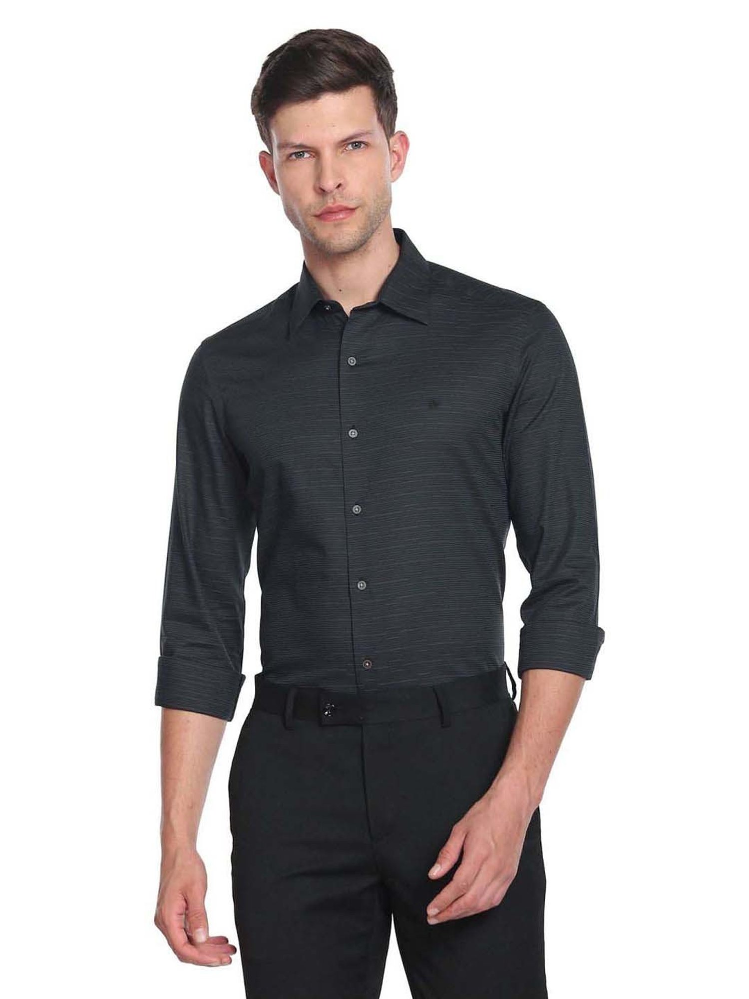 Arrow New York Black Cotton Slim Fit Self Pattern Shirt
